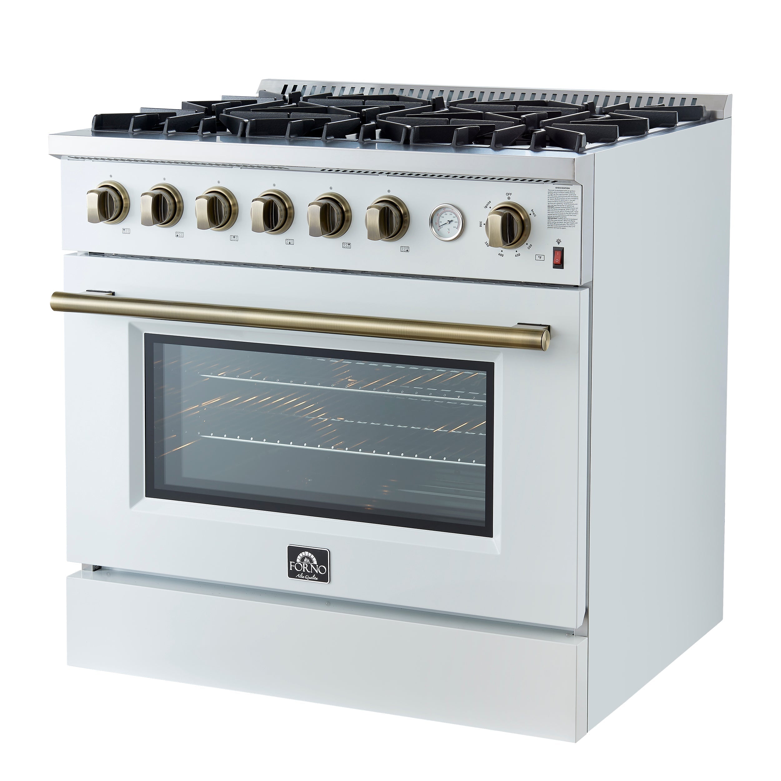 Forno Marco 36-Inch Gas Range, 5.36 cu. ft. Oven, 6 Sealed Burners, Temperature Gauge, White with Antique Brass Accents (FFSGS6277-36WHT)