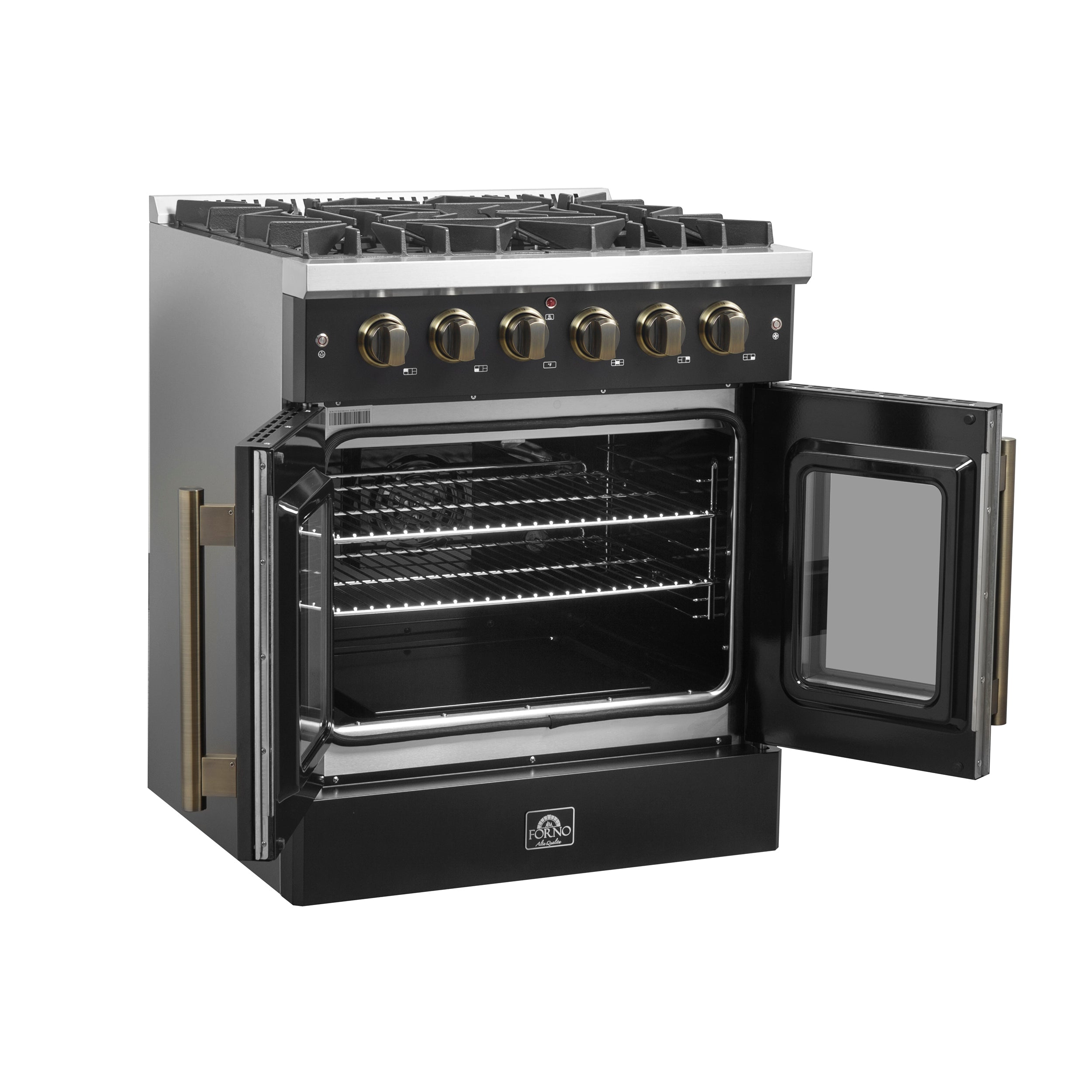 Forno Galiano 30-Inch Gas Range, 4.32 cu. ft. French Door Oven, 5 Sealed Burners, Black with Antique Brass Accents (Model FFSGS6444-30BLK)