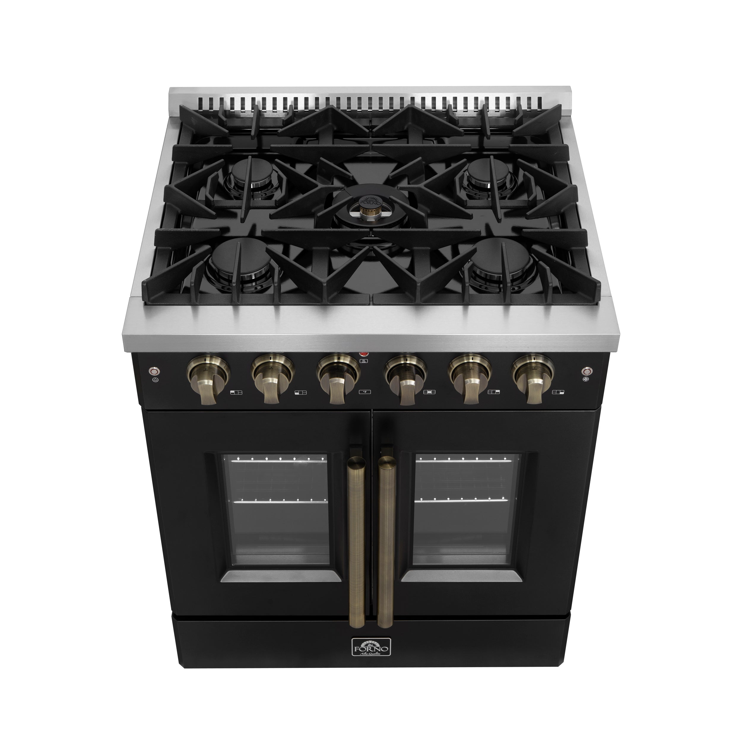 Forno Galiano 30-Inch Gas Range, 4.32 cu. ft. French Door Oven, 5 Sealed Burners, Black with Antique Brass Accents (Model FFSGS6444-30BLK)