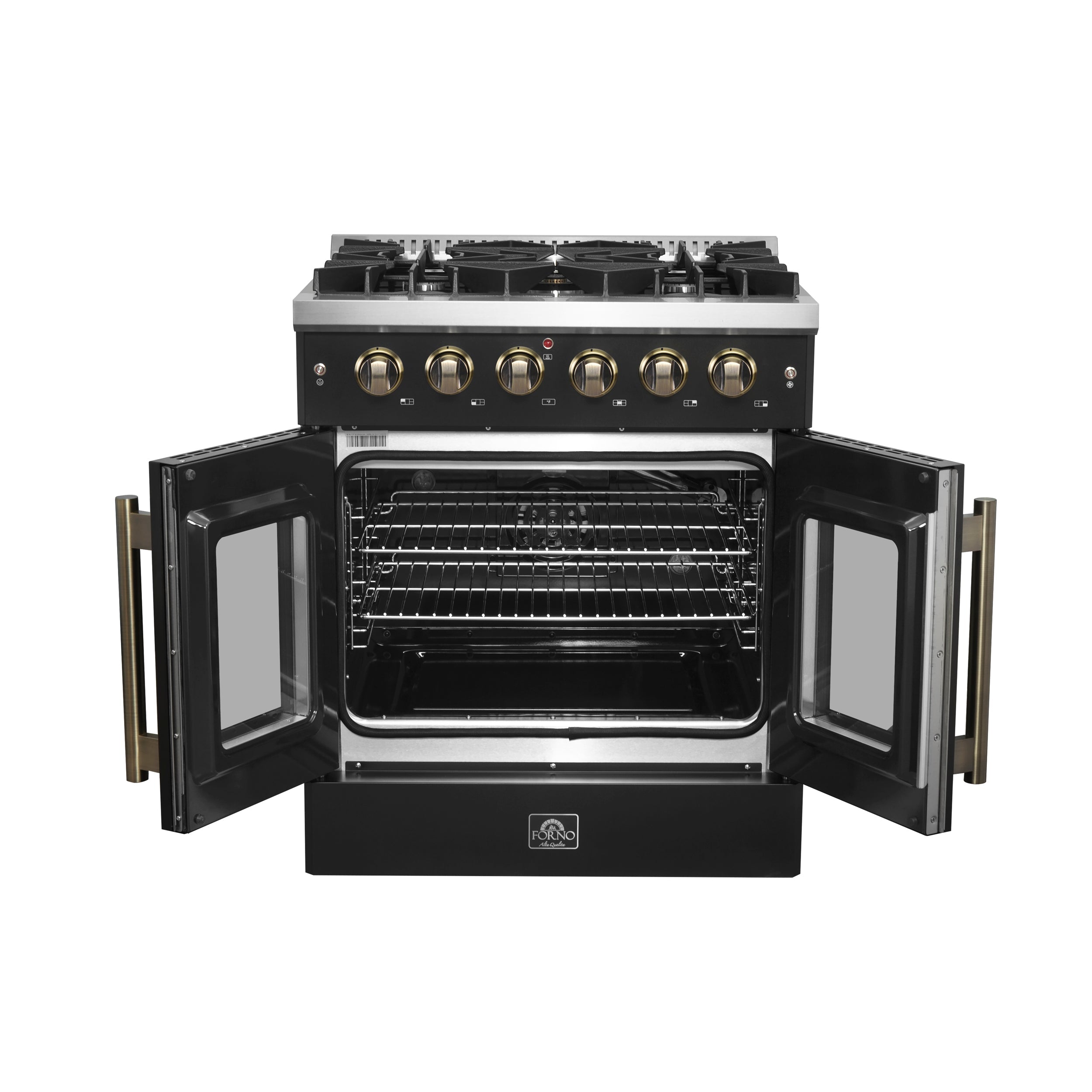 Forno Galiano 30-Inch Gas Range, 4.32 cu. ft. French Door Oven, 5 Sealed Burners, Black with Antique Brass Accents (Model FFSGS6444-30BLK)