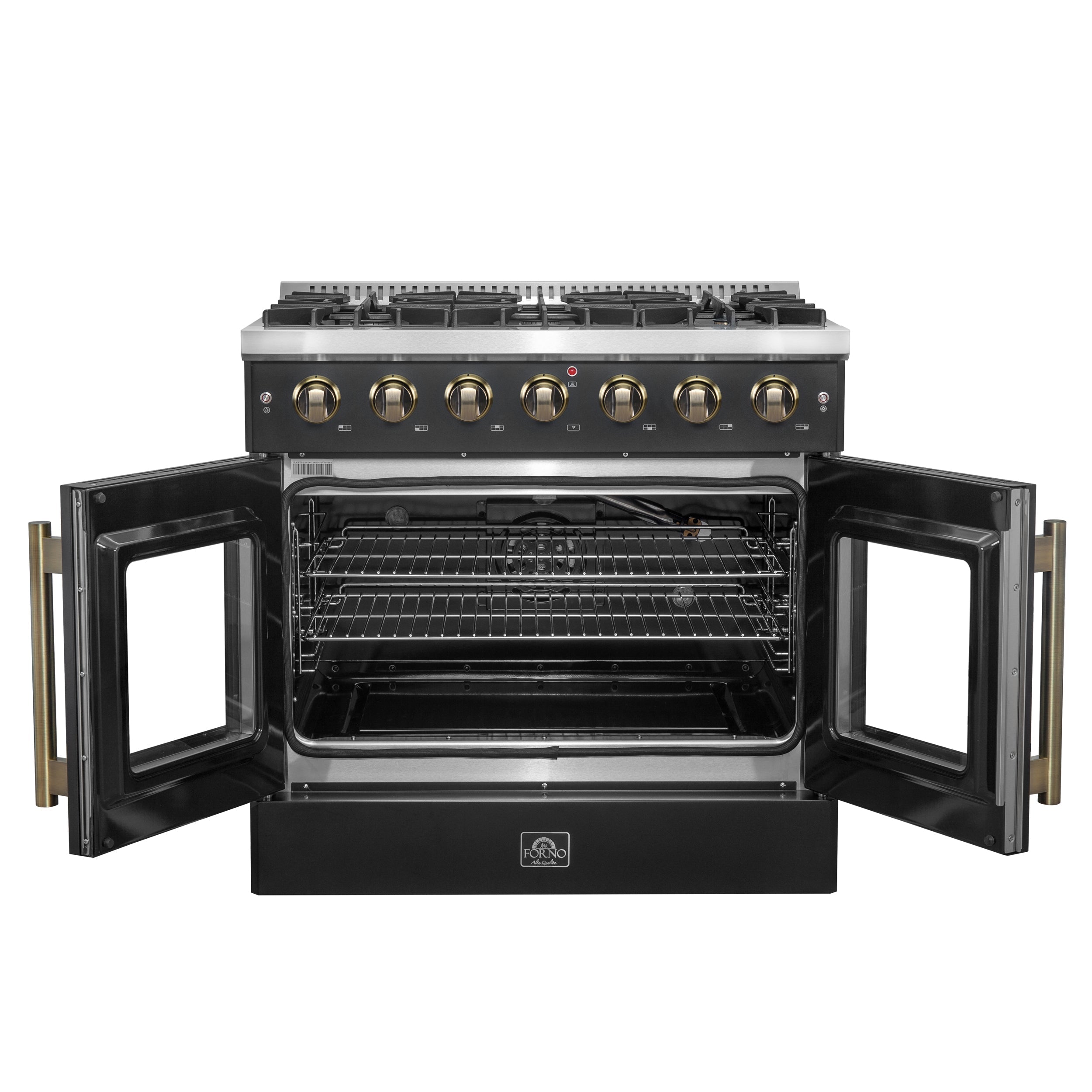 Forno Galiano 36-Inch French Door Gas Range, 5.36 cu. ft. Oven, 6 Sealed Burners, Black with Antique Brass Accents (Model FFSGS6444-36BLK)
