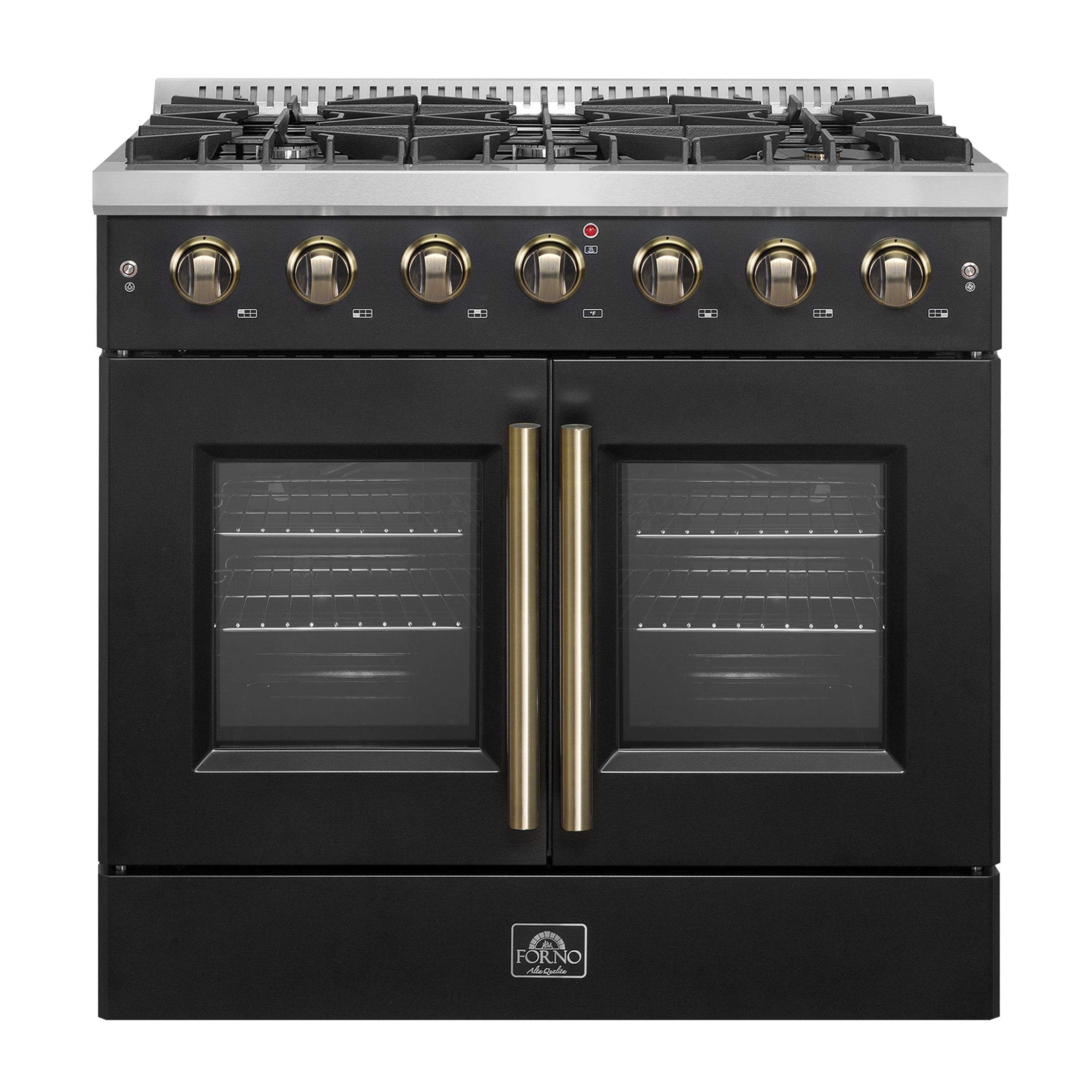 Forno Galiano 36-Inch French Door Gas Range, 5.36 cu. ft. Oven, 6 Sealed Burners, Black with Antique Brass Accents (Model FFSGS6444-36BLK)
