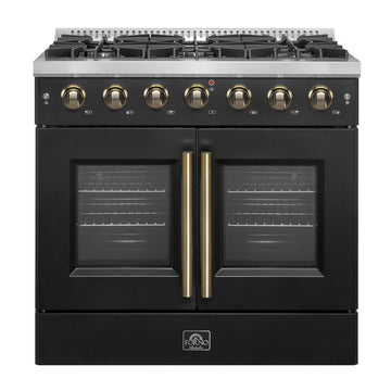 Forno Galiano 36-Inch French Door Gas Range, 5.36 cu. ft. Oven, 6 Sealed Burners, Black with Antique Brass Accents (Model FFSGS6444-36BLK)