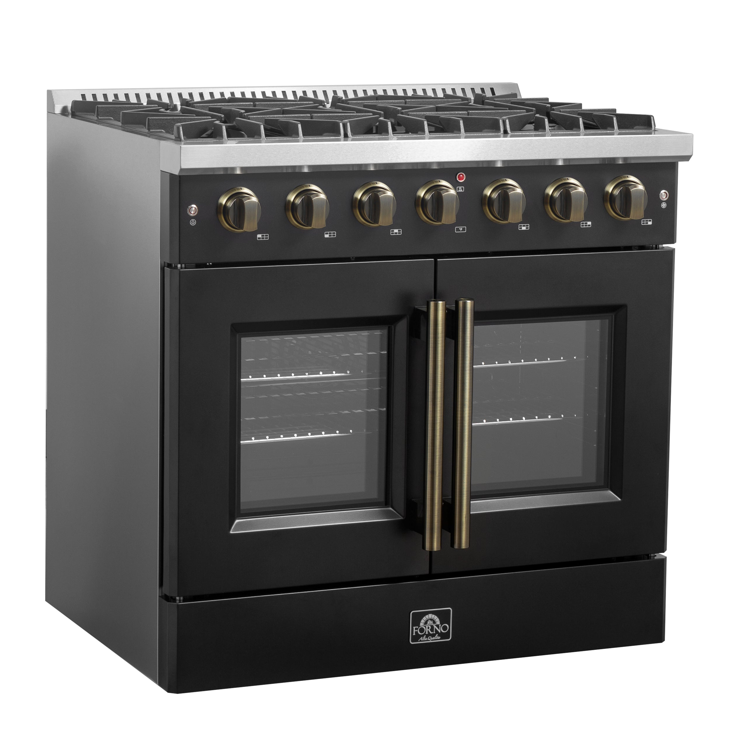 Forno Galiano 36-Inch French Door Gas Range, 5.36 cu. ft. Oven, 6 Sealed Burners, Black with Antique Brass Accents (Model FFSGS6444-36BLK)