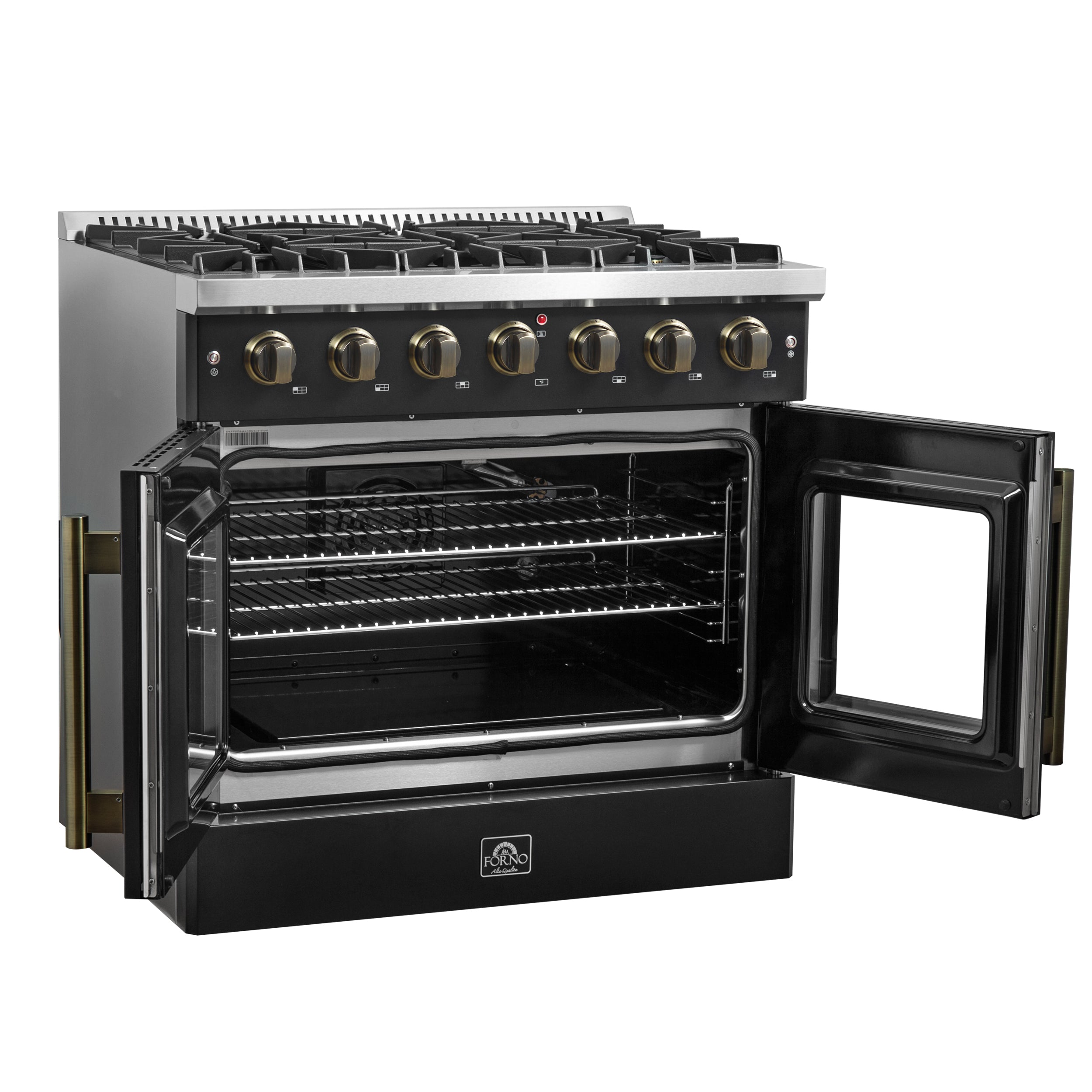 Forno Galiano 36-Inch French Door Gas Range, 5.36 cu. ft. Oven, 6 Sealed Burners, Black with Antique Brass Accents (Model FFSGS6444-36BLK)
