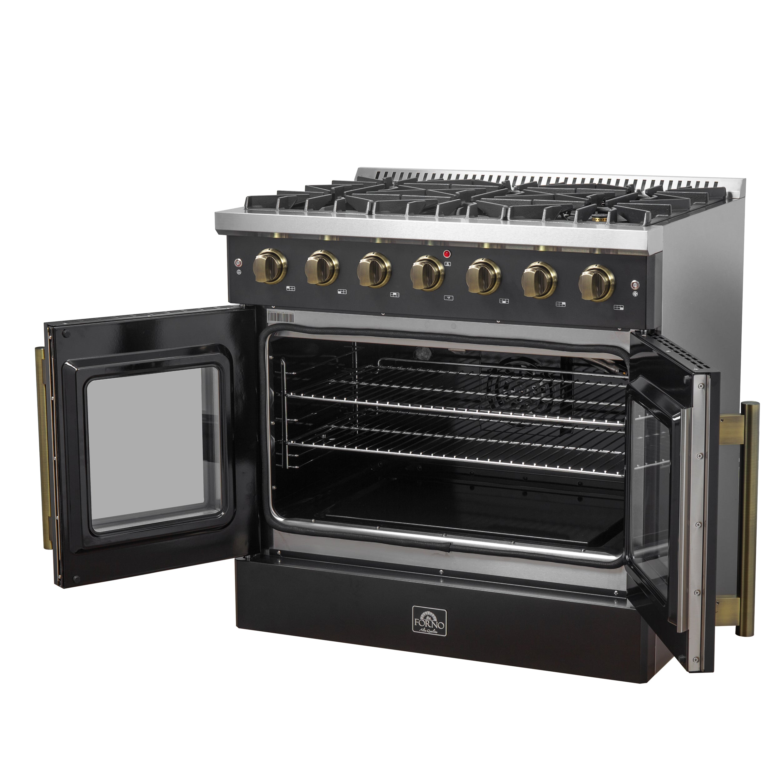 Forno Galiano 36-Inch French Door Gas Range, 5.36 cu. ft. Oven, 6 Sealed Burners, Black with Antique Brass Accents (Model FFSGS6444-36BLK)