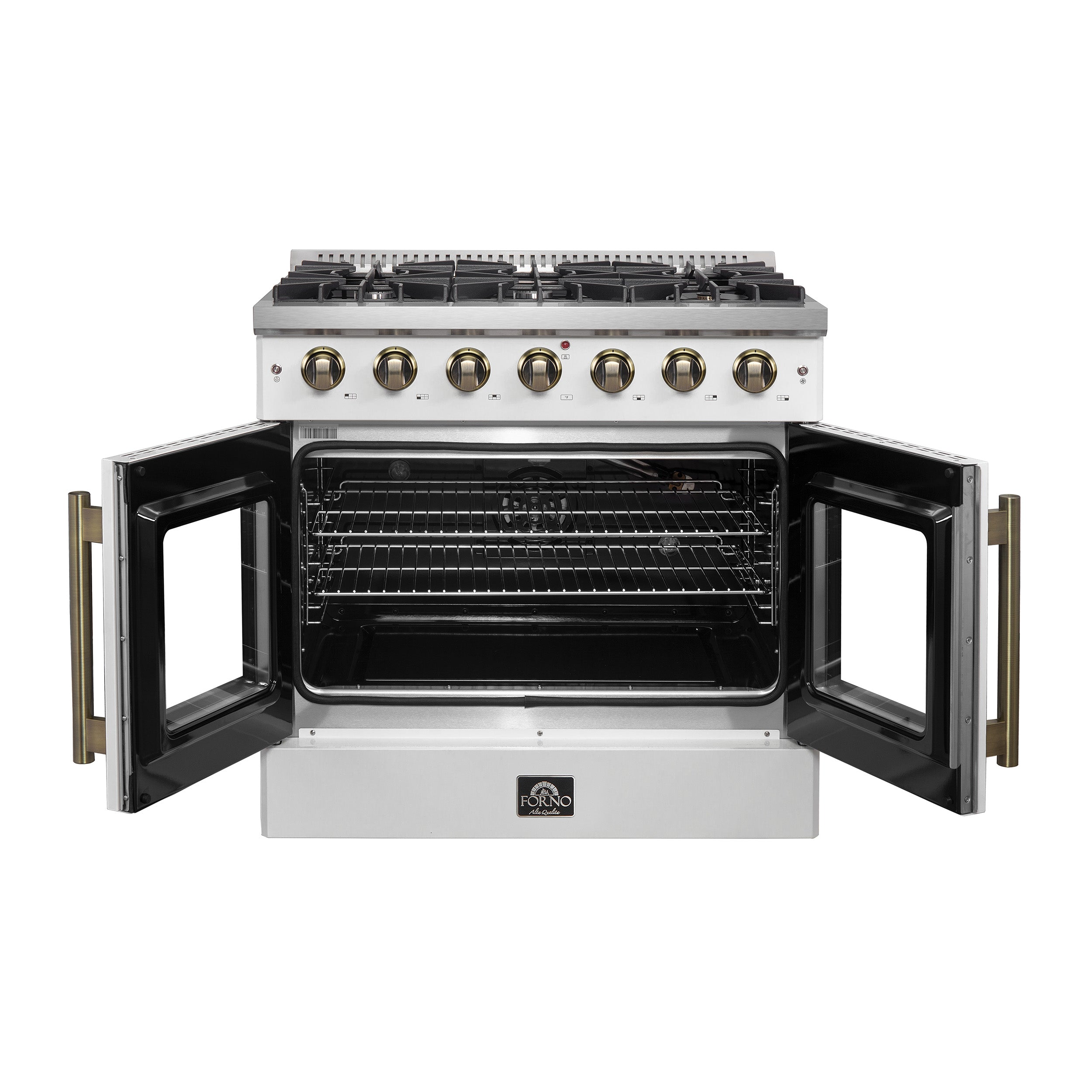 Forno Galiano 36-Inch French Door Gas Range, 5.36 cu. ft. Oven, 6 Sealed Burners, White with Antique Brass Accents (Model FFSGS6444-36WHT)