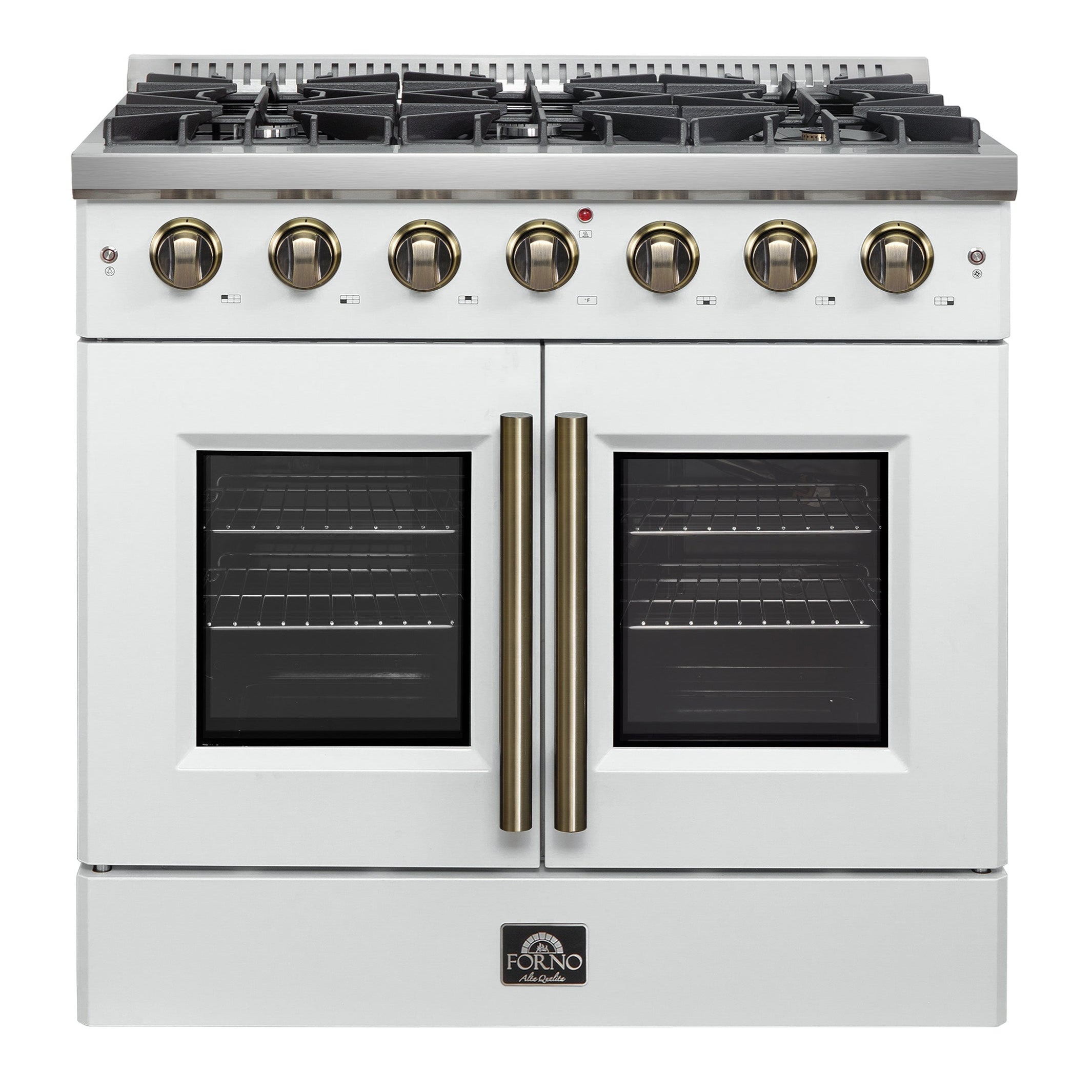 Forno Galiano 36-Inch French Door Gas Range, 5.36 cu. ft. Oven, 6 Sealed Burners, White with Antique Brass Accents (Model FFSGS6444-36WHT)