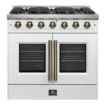 Forno Galiano 36-Inch French Door Gas Range, 5.36 cu. ft. Oven, 6 Sealed Burners, White with Antique Brass Accents (Model FFSGS6444-36WHT)