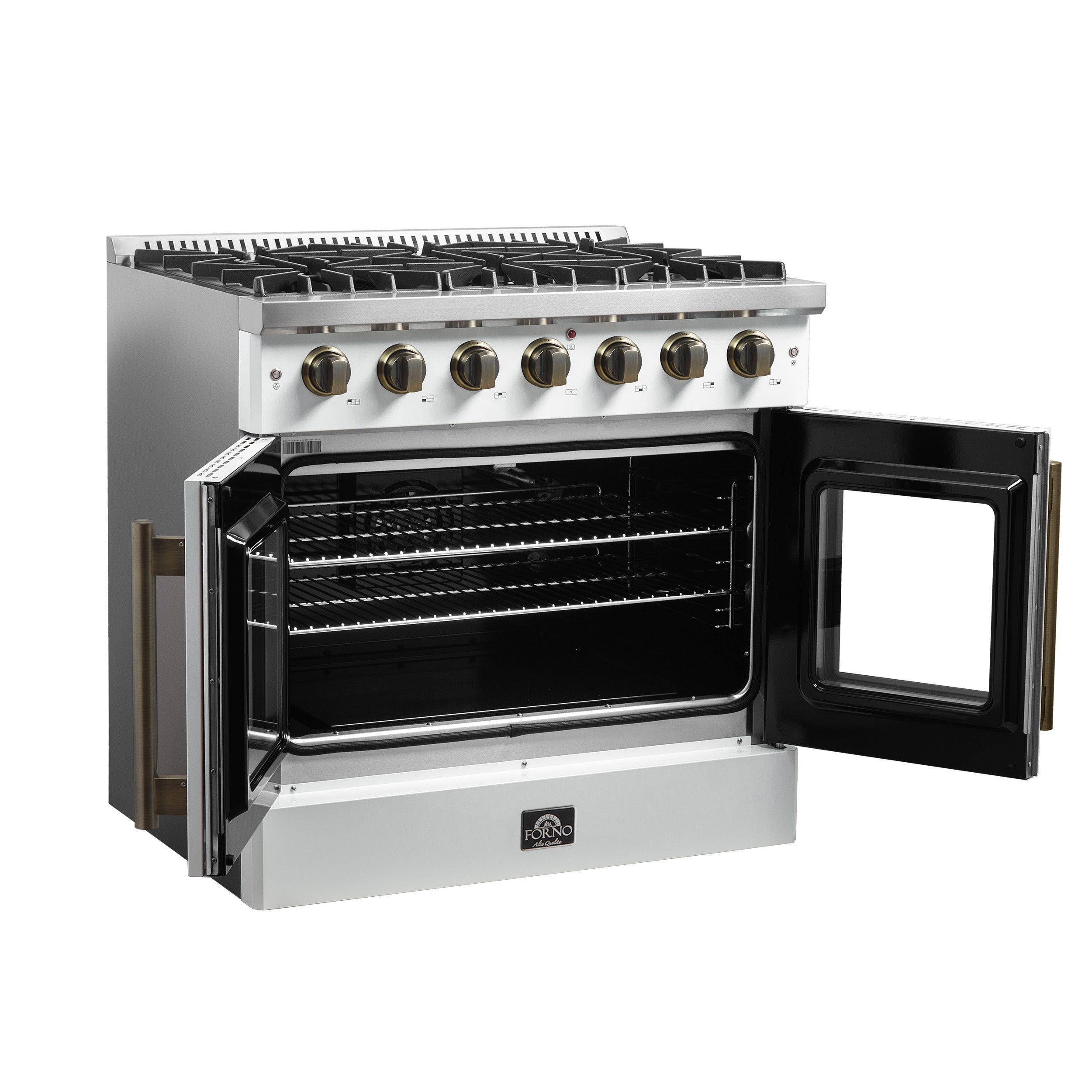 Forno Galiano 36-Inch French Door Gas Range, 5.36 cu. ft. Oven, 6 Sealed Burners, White with Antique Brass Accents (Model FFSGS6444-36WHT)