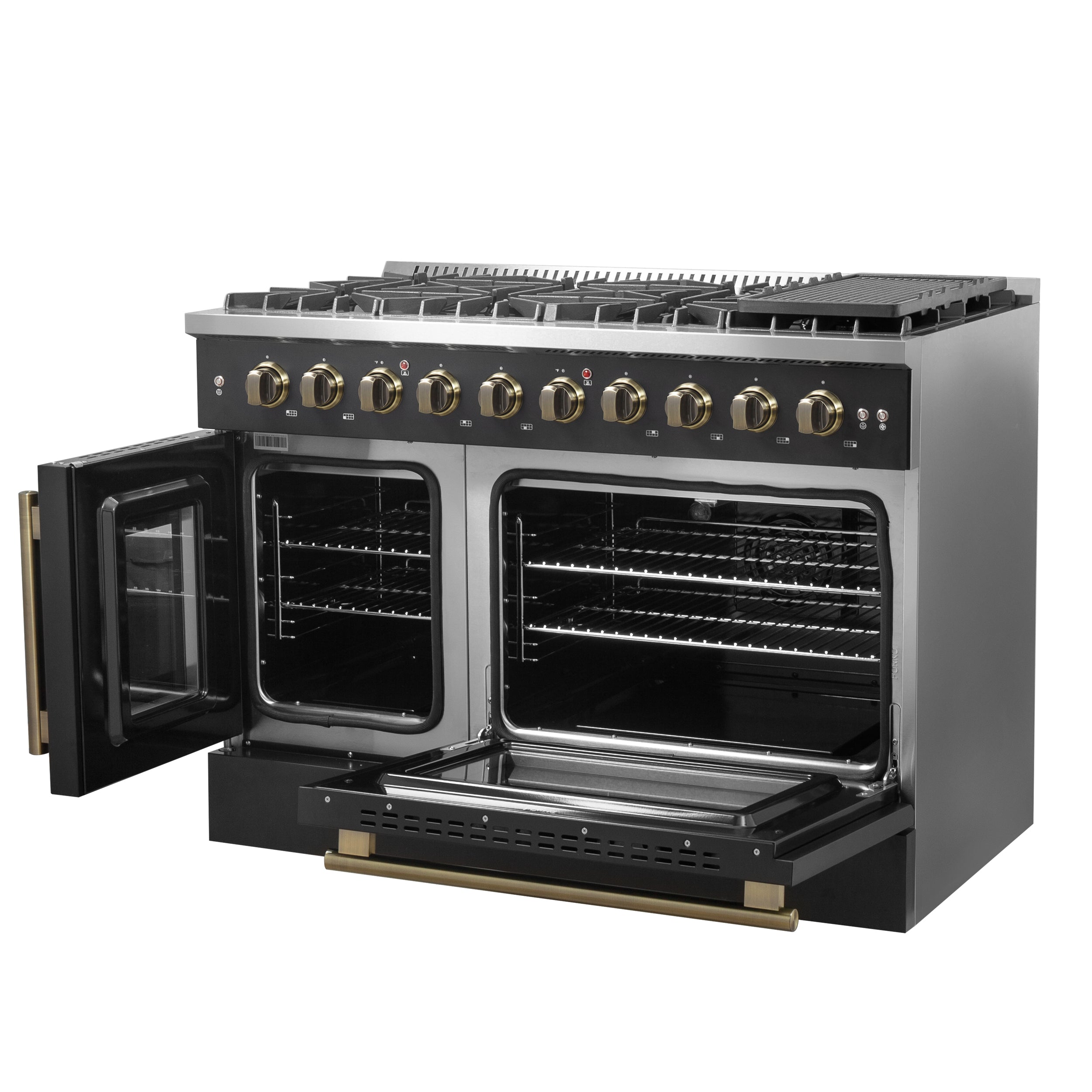 Forno Galiano 48-Inch Gas Range with French Door, 8 Sealed Burners and Griddle, 6.58 cu. ft. Oven, Black with Antique Brass Accents (Model FFSGS6444-48BLK)