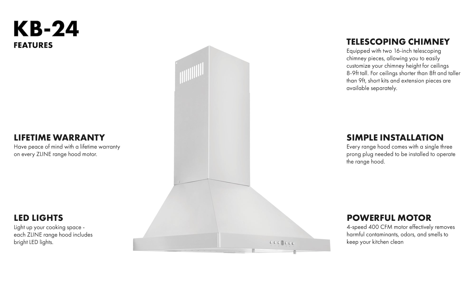 ZLINE 24 Inch Wall Mount Range Hood Convertible Vent Stainless Steel KB-24