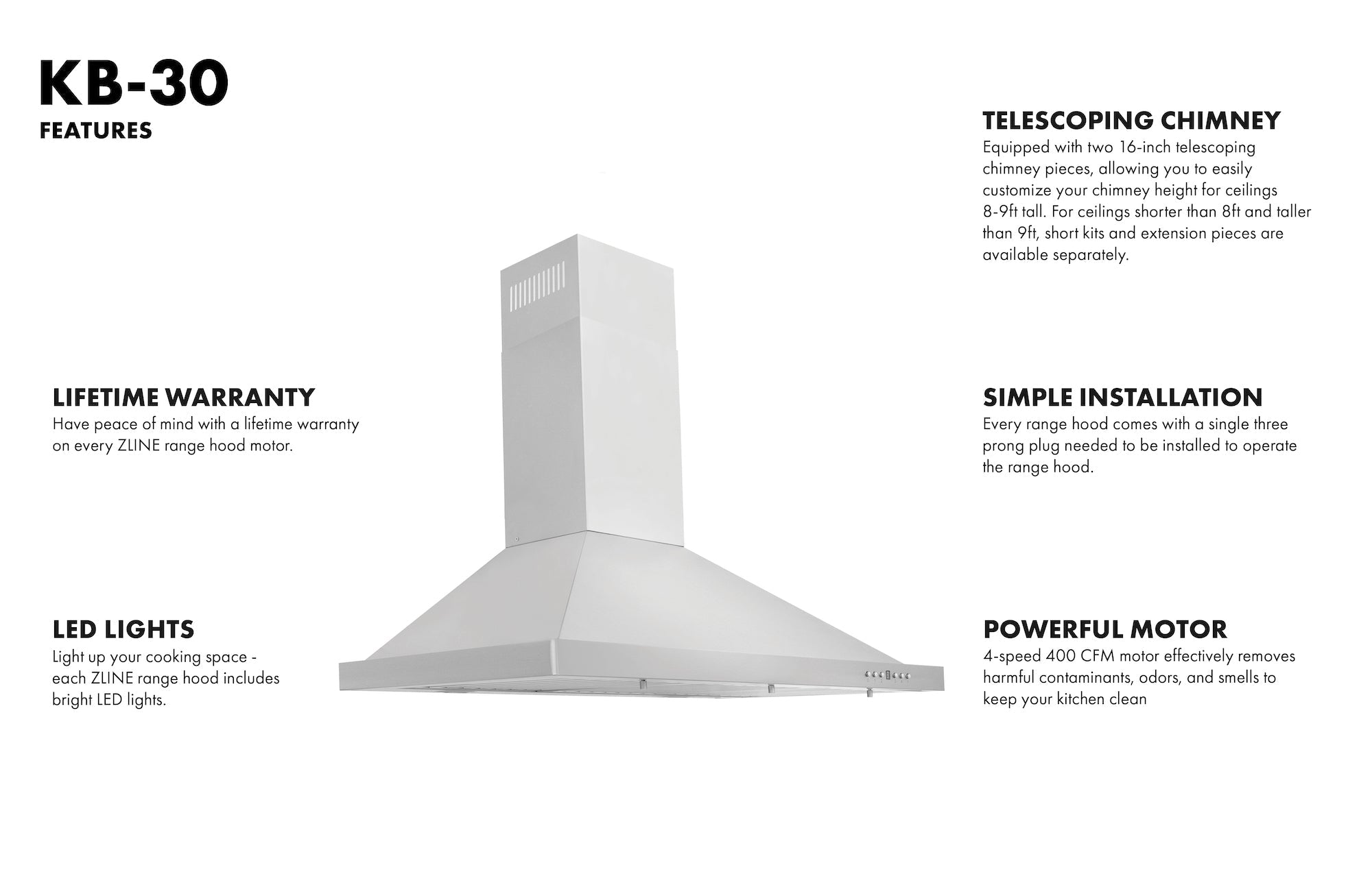 ZLINE 30 in. Wall Mount Range Hood 400 CFM Convertible Stainless Steel Kitchen Ventilation (KB-30)