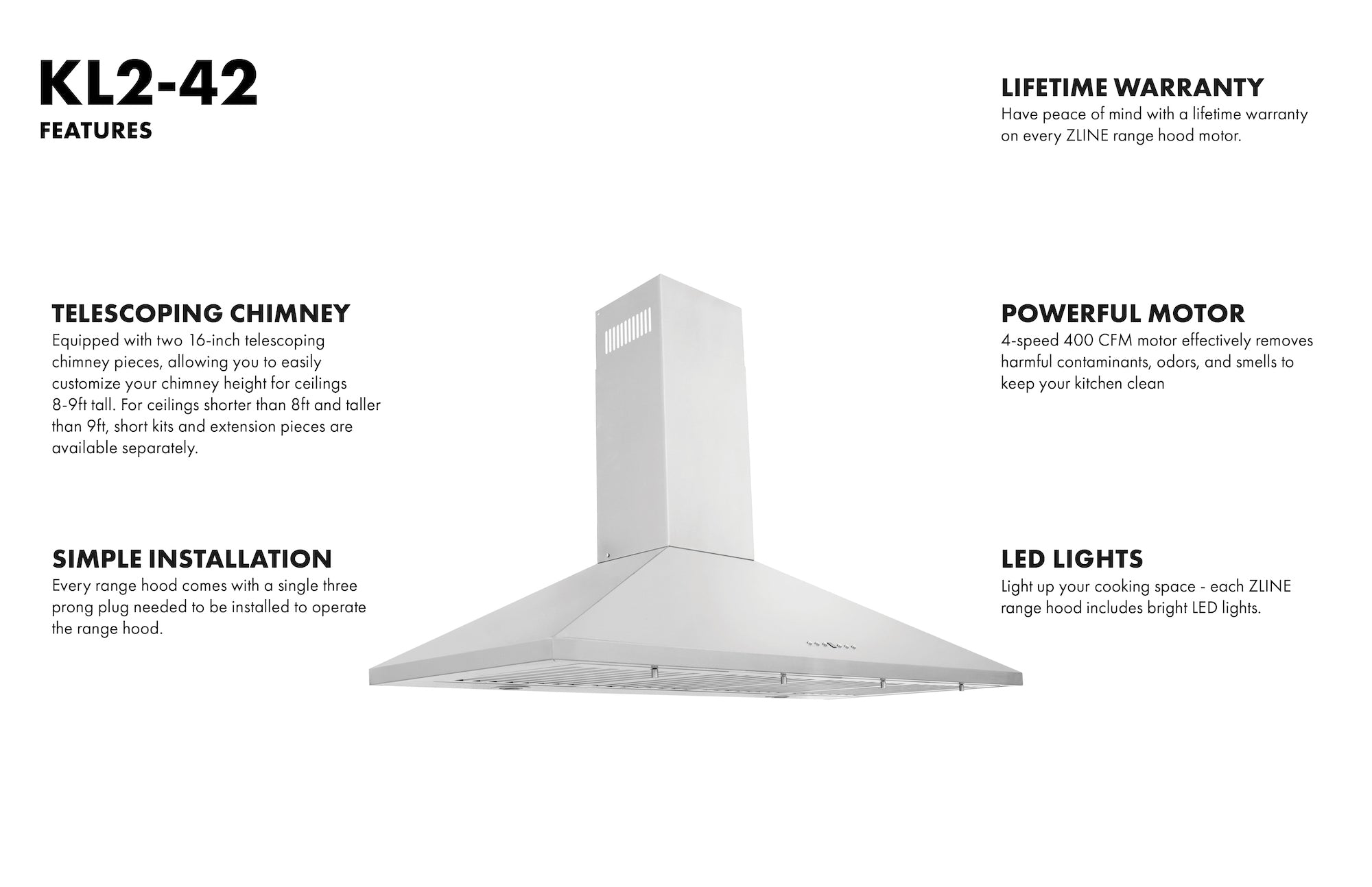 ZLINE 42 in. Wall Mount Range Hood, Convertible Vent, Stainless Steel (KL2-42)