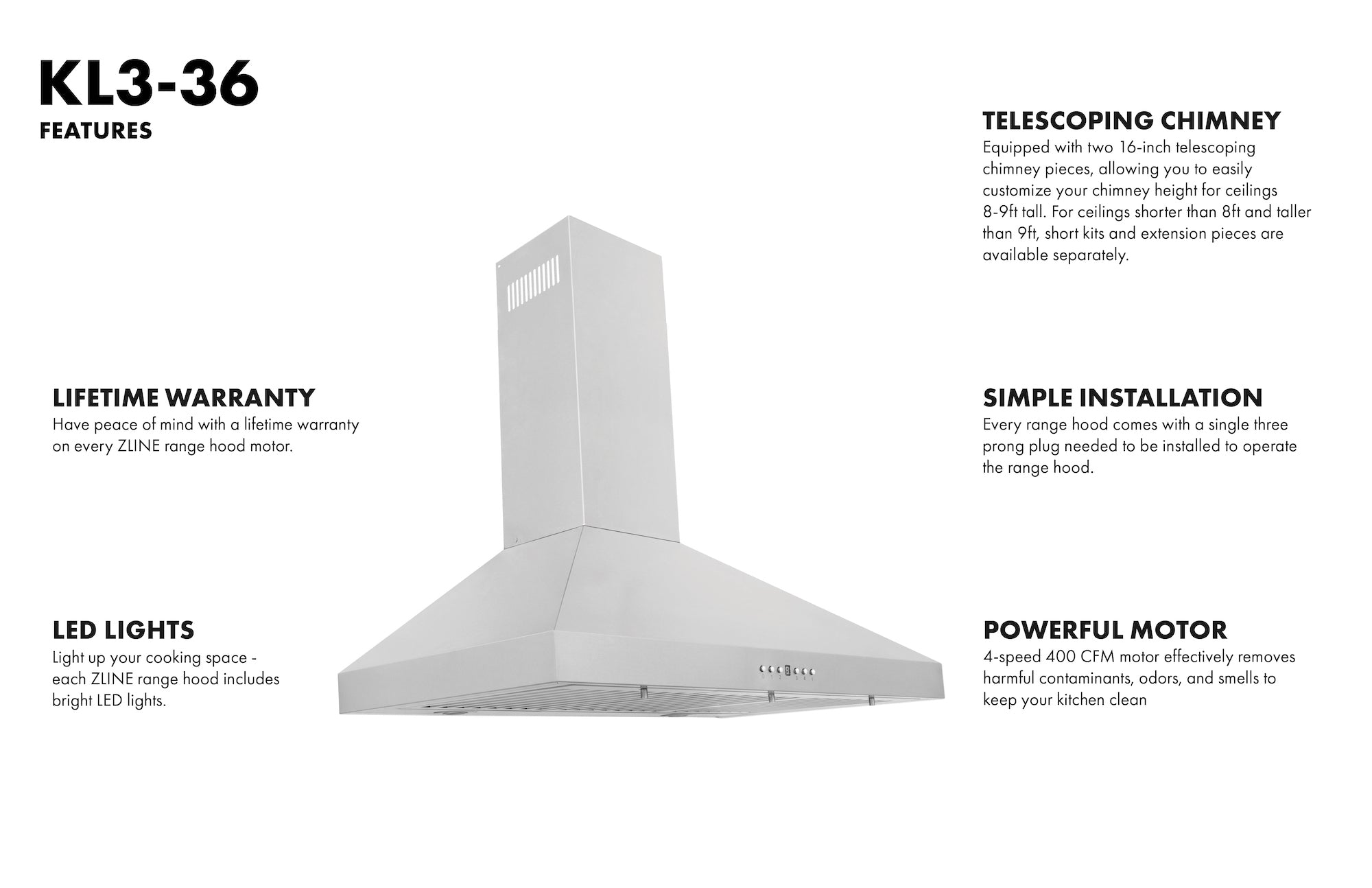 ZLINE 36 Inch Wall Mount Range Hood 400 CFM Convertible Vent Stainless Steel (KL3-36)
