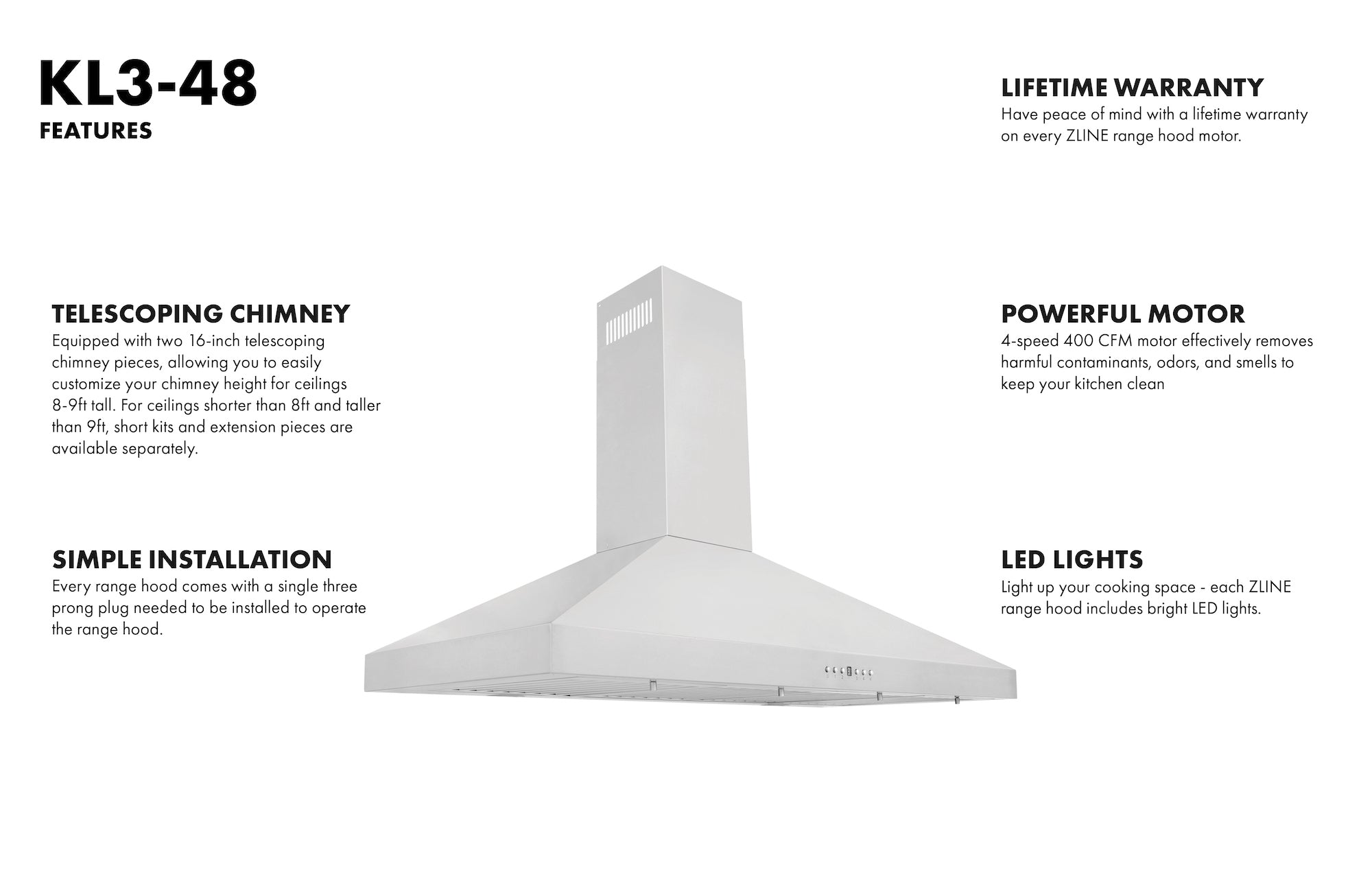 ZLINE 48 Inch Wall Mount Range Hood Convertible Vent Stainless Steel 4-Speed 700 CFM (KL3-48)