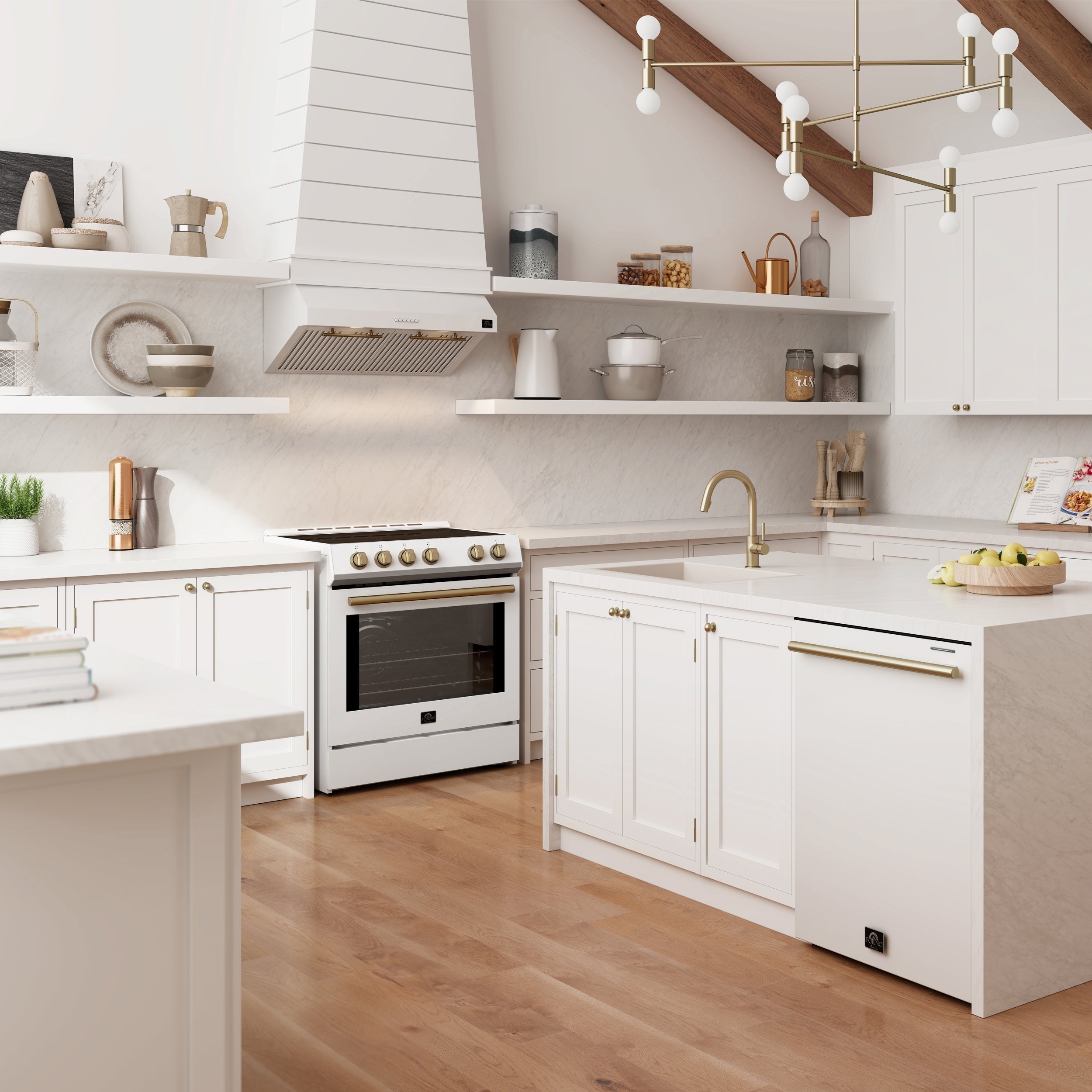 FORNO Espresso Package - 30" Induction Range, Over-The-Range Microwave, 36" Refrigerator with Water Dispenser/Ice Maker and Dishwasher in White with Antique Brass Accents, AP4-0982WHT-A11