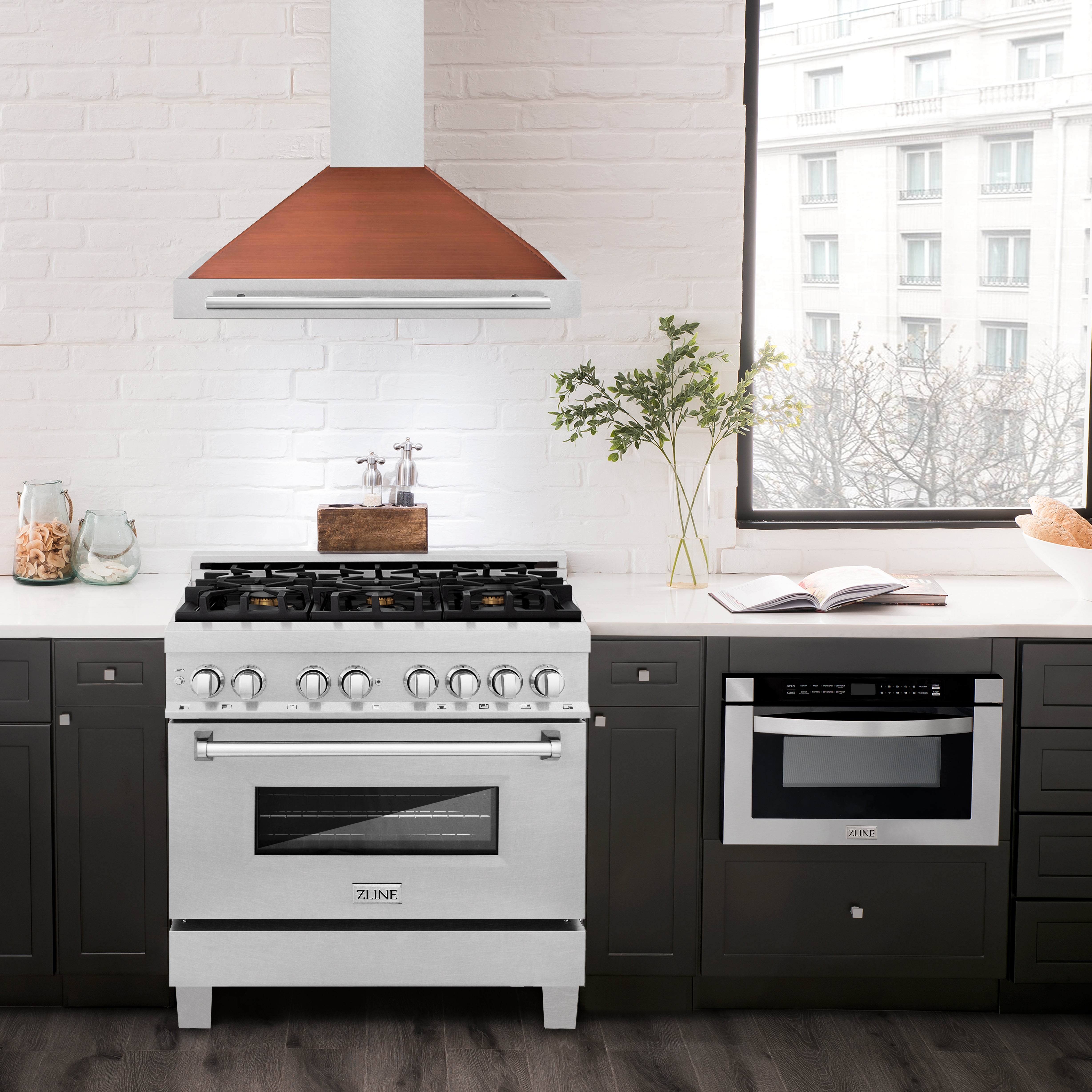 ZLINE 36 in. Wall Mount Range Hood, Convertible, Satin Stainless Steel, Copper Shell, Stainless Steel Handle (KB4SNX-C-36)