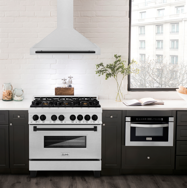 ZLINE 36 Inch Wall Mount Range Hood Convertible Satin Stainless Steel Matte Black Handle KB4SNZ-36-MB