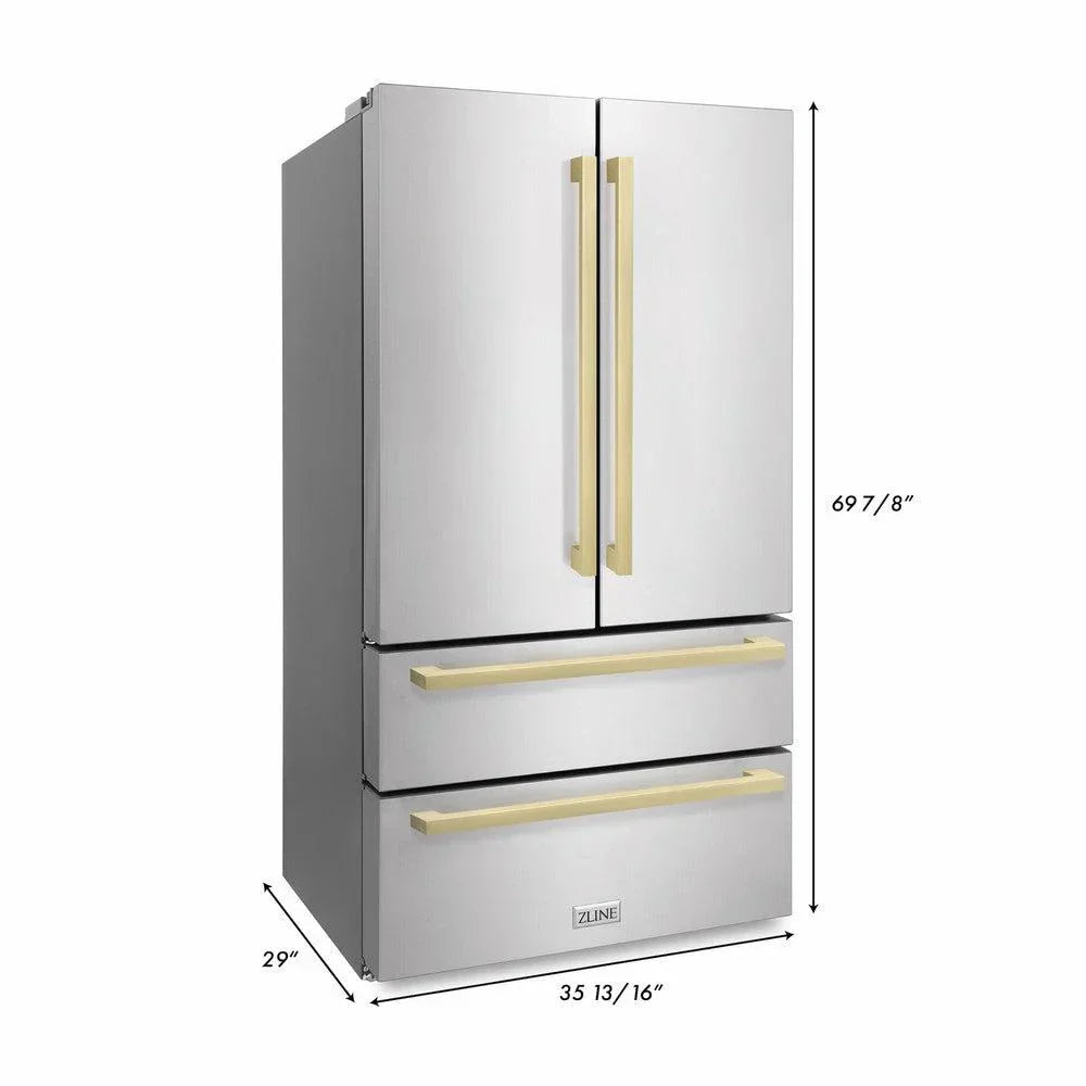 ZLINE 36-Inch French Door Refrigerator 22.5 Cu. Ft. Stainless Steel Ice Maker Champagne Bronze Handles (RFMZ-36-FCB)