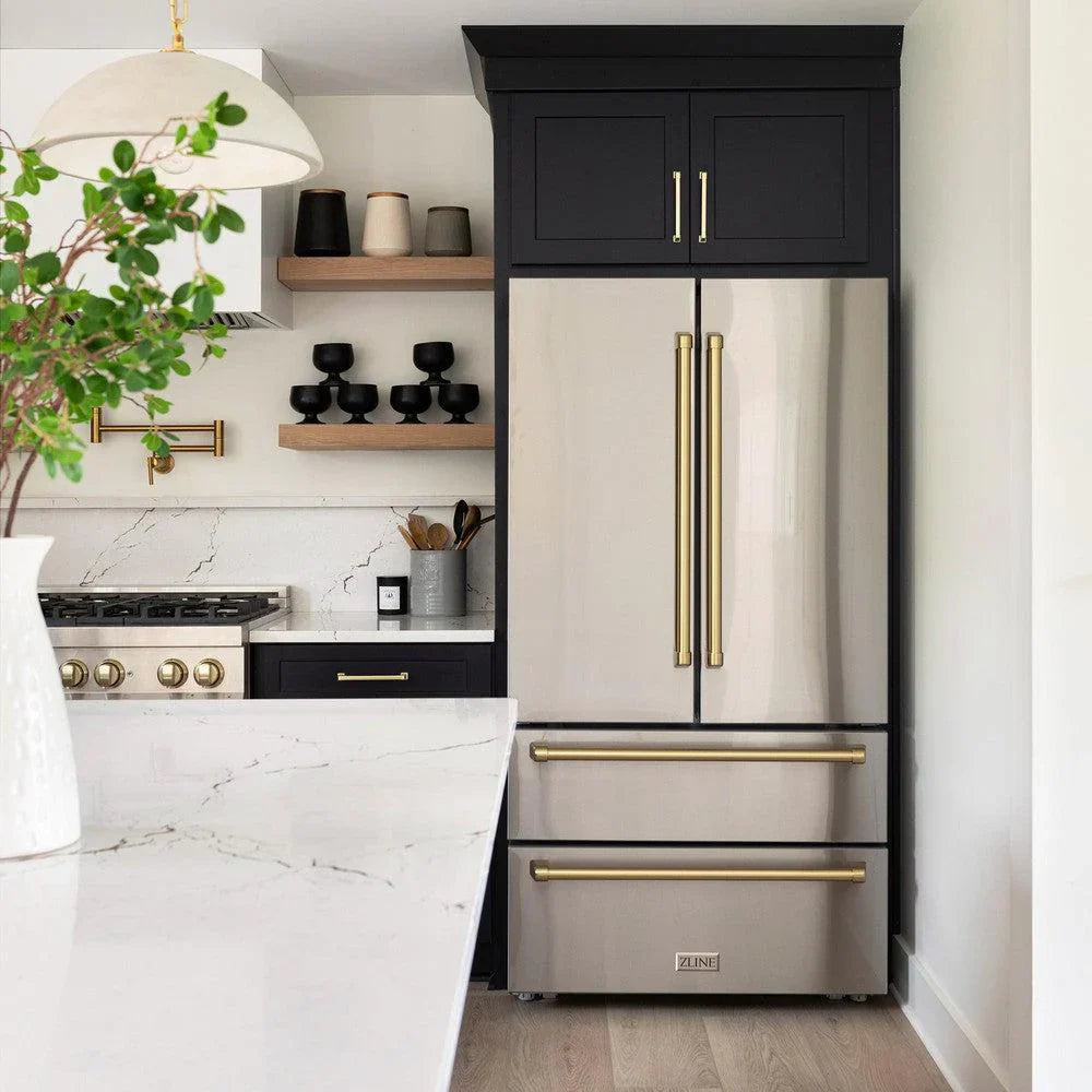 ZLINE 36 in French Door Refrigerator 22.5 cu. ft Capacity Ice Maker Fingerprint Resistant Stainless Steel Gold Accents (RFMZ-36-G)