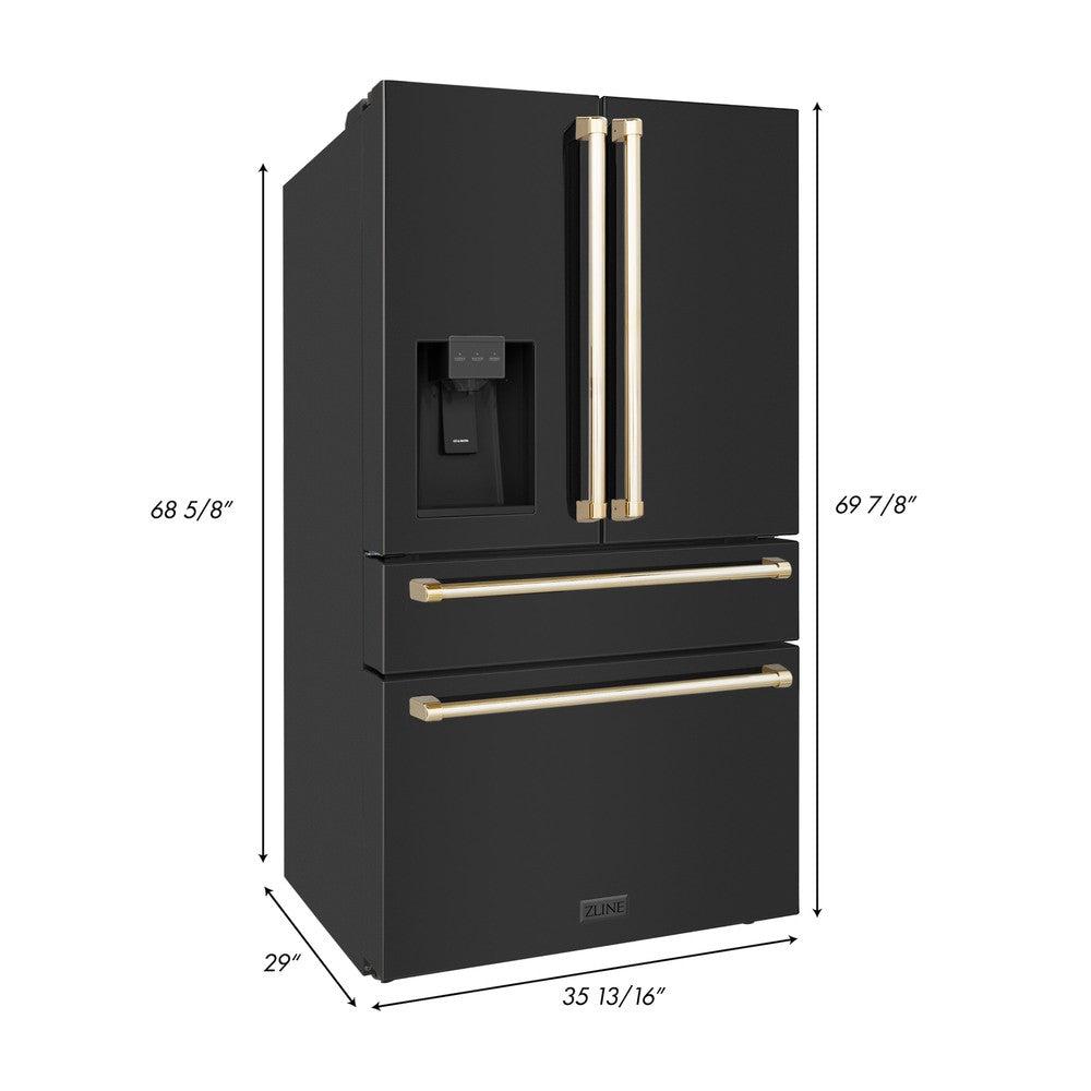ZLINE 36 Inch Freestanding French Door Refrigerator with Water & Ice Dispenser, Black Stainless Steel, Gold Handles (RFMZ-W-36-BS-G)