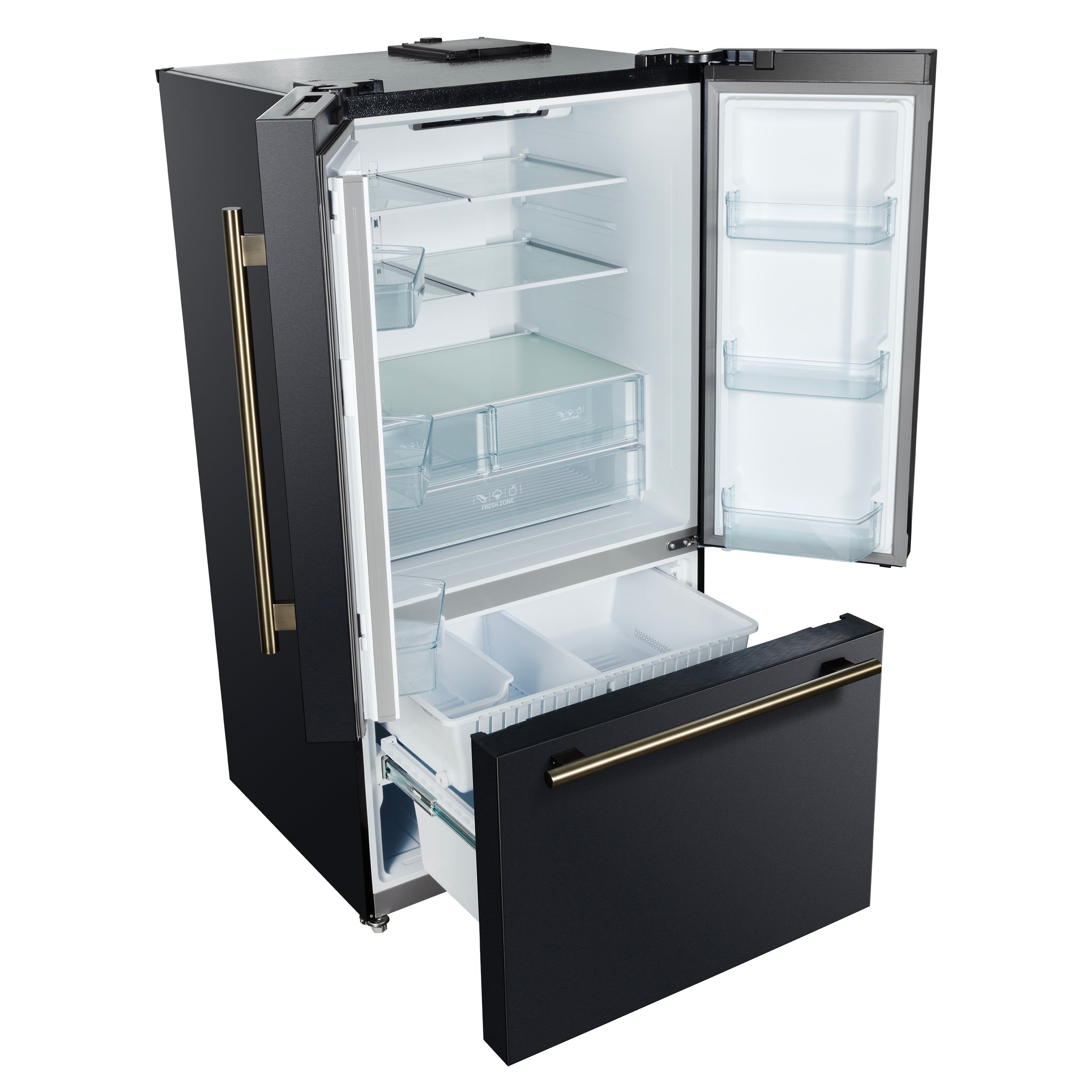 Forno Rivello 36-Inch French Door Refrigerator, Standard Depth, Water & Ice Dispenser, Black with Antique Brass Accents (Model FFFFD1783-36BLK)