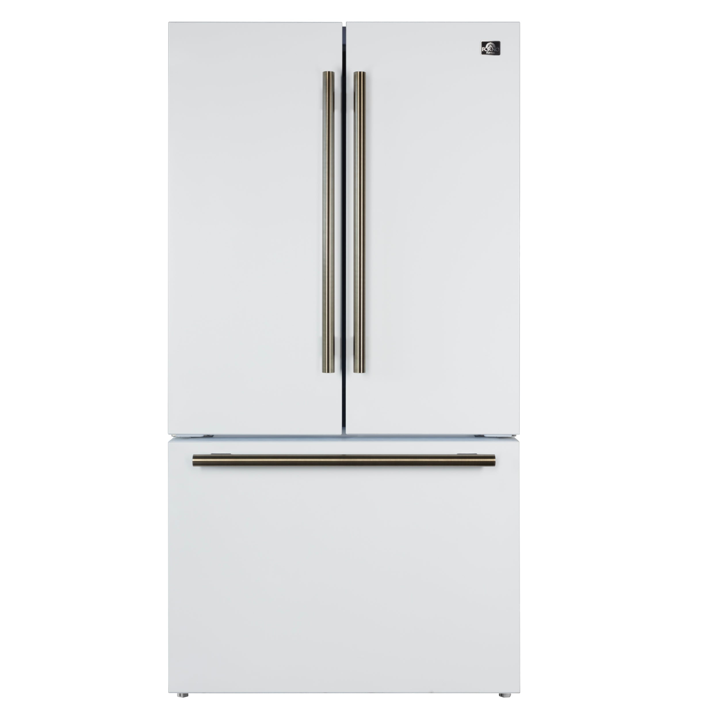 FORNO Rivello 36 in French Door Refrigerator, Standard Depth, Water & Ice Dispenser, White with Antique Brass Handles (Model FFFFD1783-36WHT)