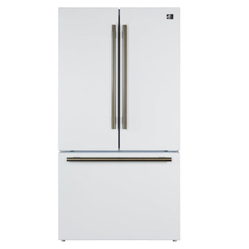 FORNO Rivello 36 in French Door Refrigerator, Standard Depth, Water & Ice Dispenser, White with Antique Brass Handles (Model FFFFD1783-36WHT)