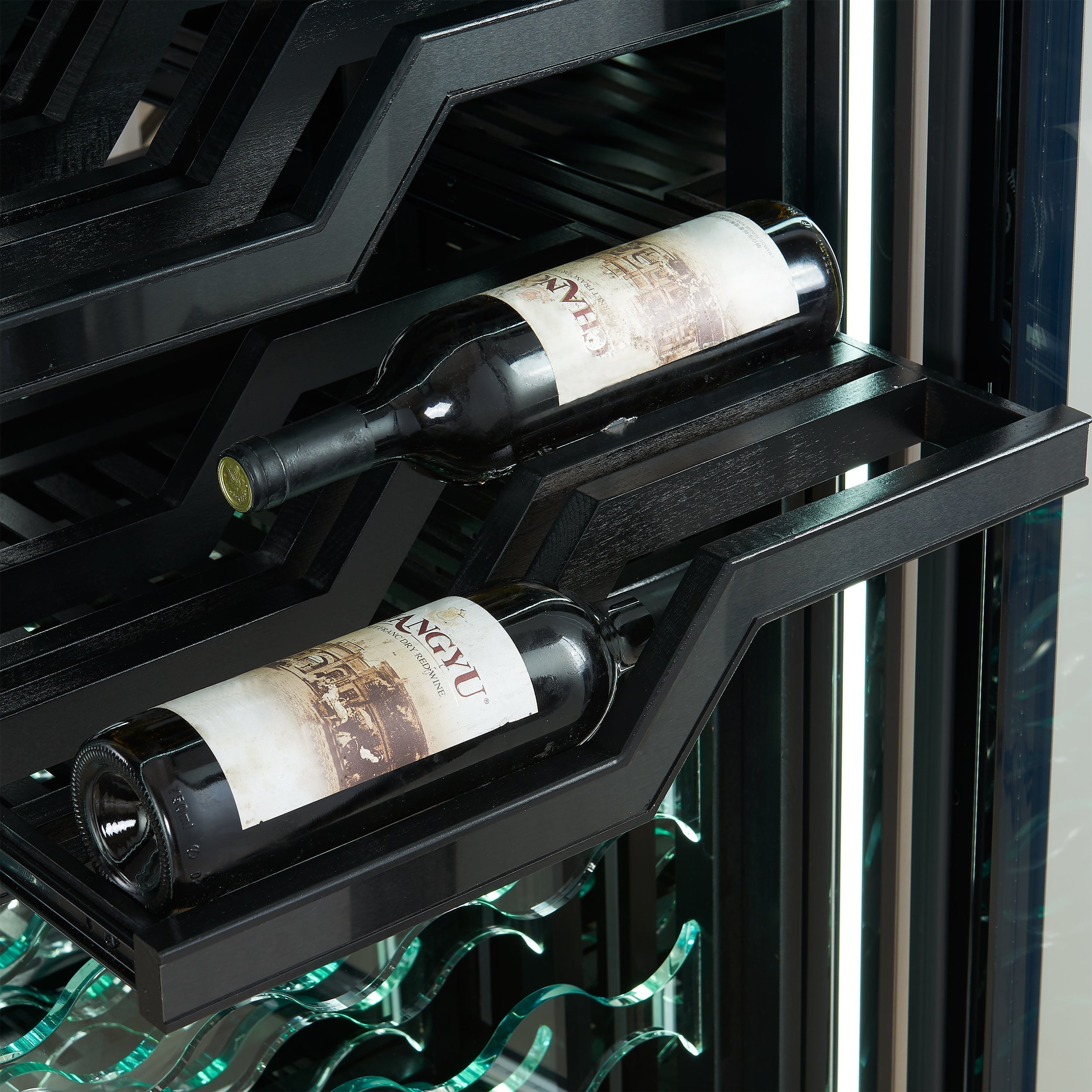 FORNO Abruzzo 48-Inch Dual Zone Wine Cooler, 24 cu.ft., 102-Bottle Capacity, Black Shelves with Green Acrylic Holders (FWCDR6610-48S)