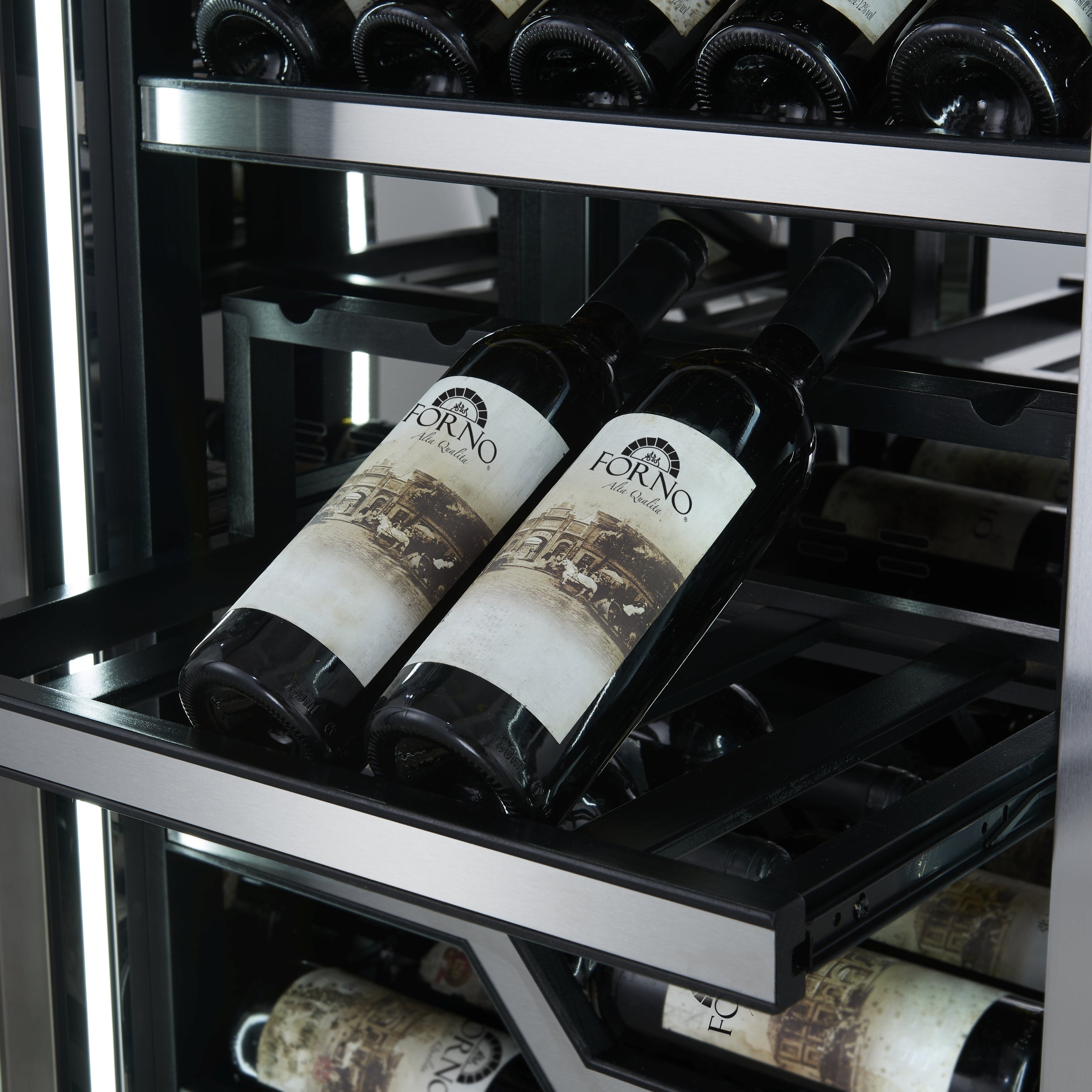 FORNO Abruzzo 48-Inch Dual Zone Wine Cooler, 24 cu.ft., 102-Bottle Capacity, Stainless Trim Shelves (Model FWCDR6611-48S)