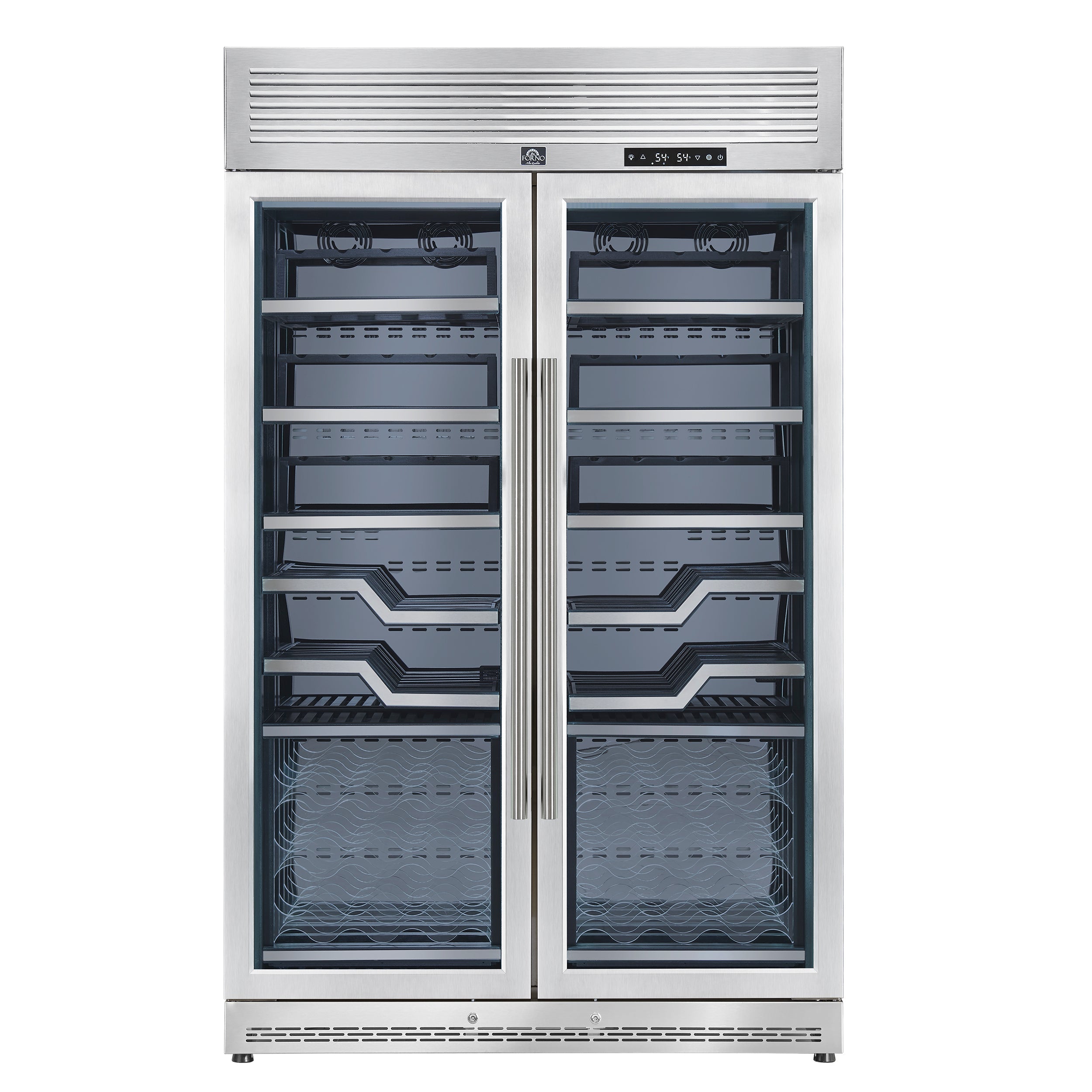 FORNO Abruzzo 48-Inch Dual Zone Wine Cooler, 24 cu.ft., 102-Bottle Capacity, Stainless Trim Shelves (Model FWCDR6611-48S)
