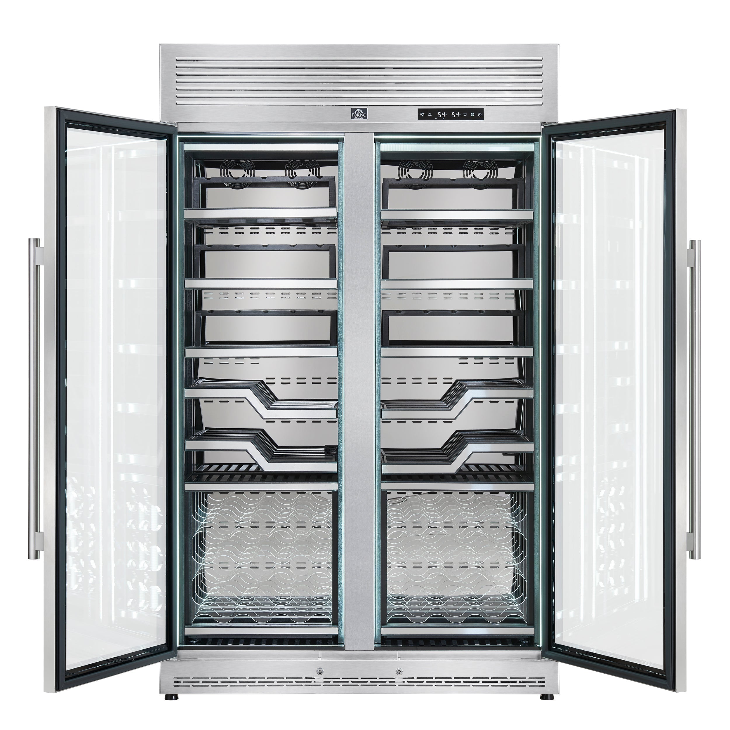 FORNO Abruzzo 48-Inch Dual Zone Wine Cooler, 24 cu.ft., 102-Bottle Capacity, Stainless Trim Shelves (Model FWCDR6611-48S)