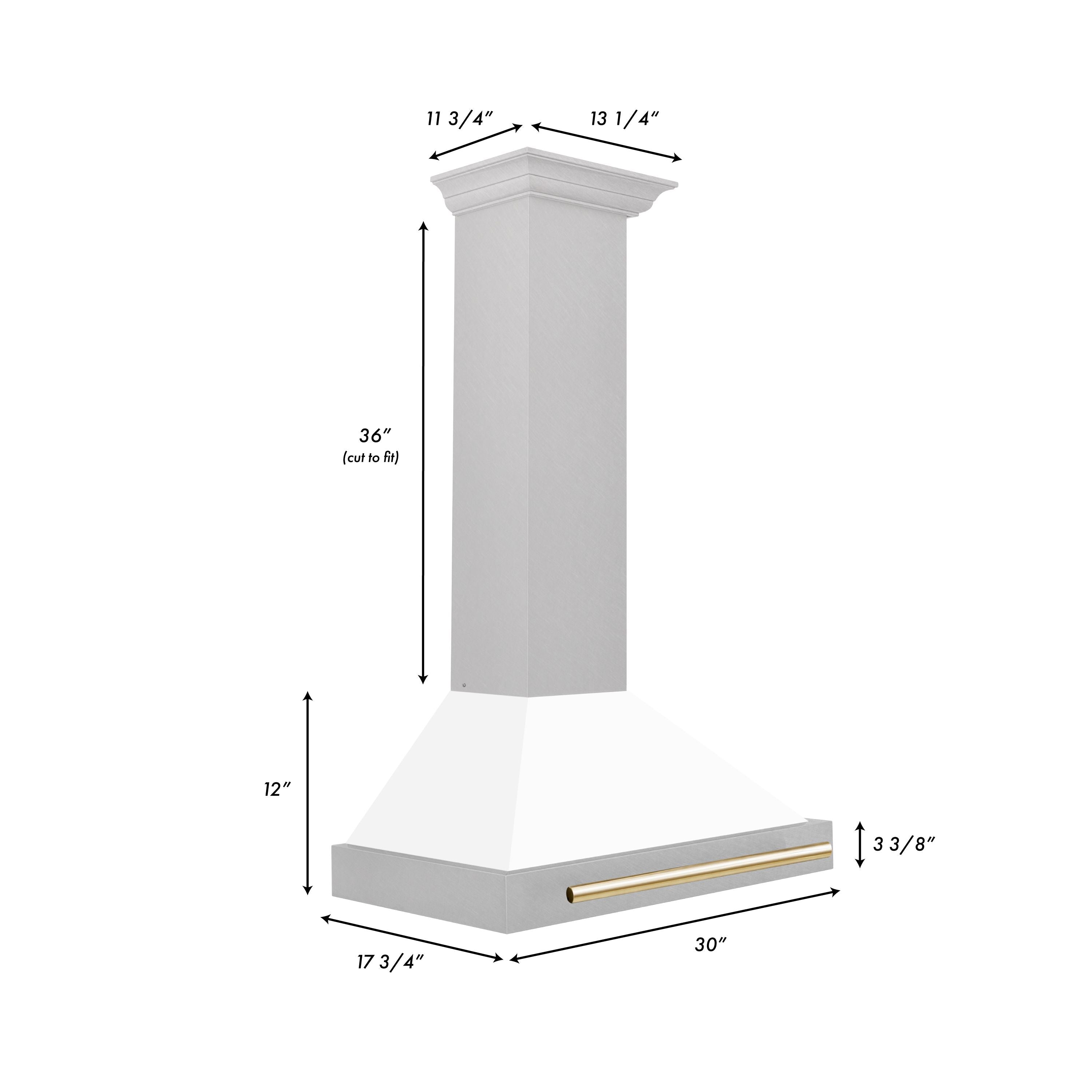 ZLINE 30 in. Wall Mount Range Hood Convertible Satin Stainless Steel White Matte Shell Polished Gold Handle (KB4SNZ-WM30-G)
