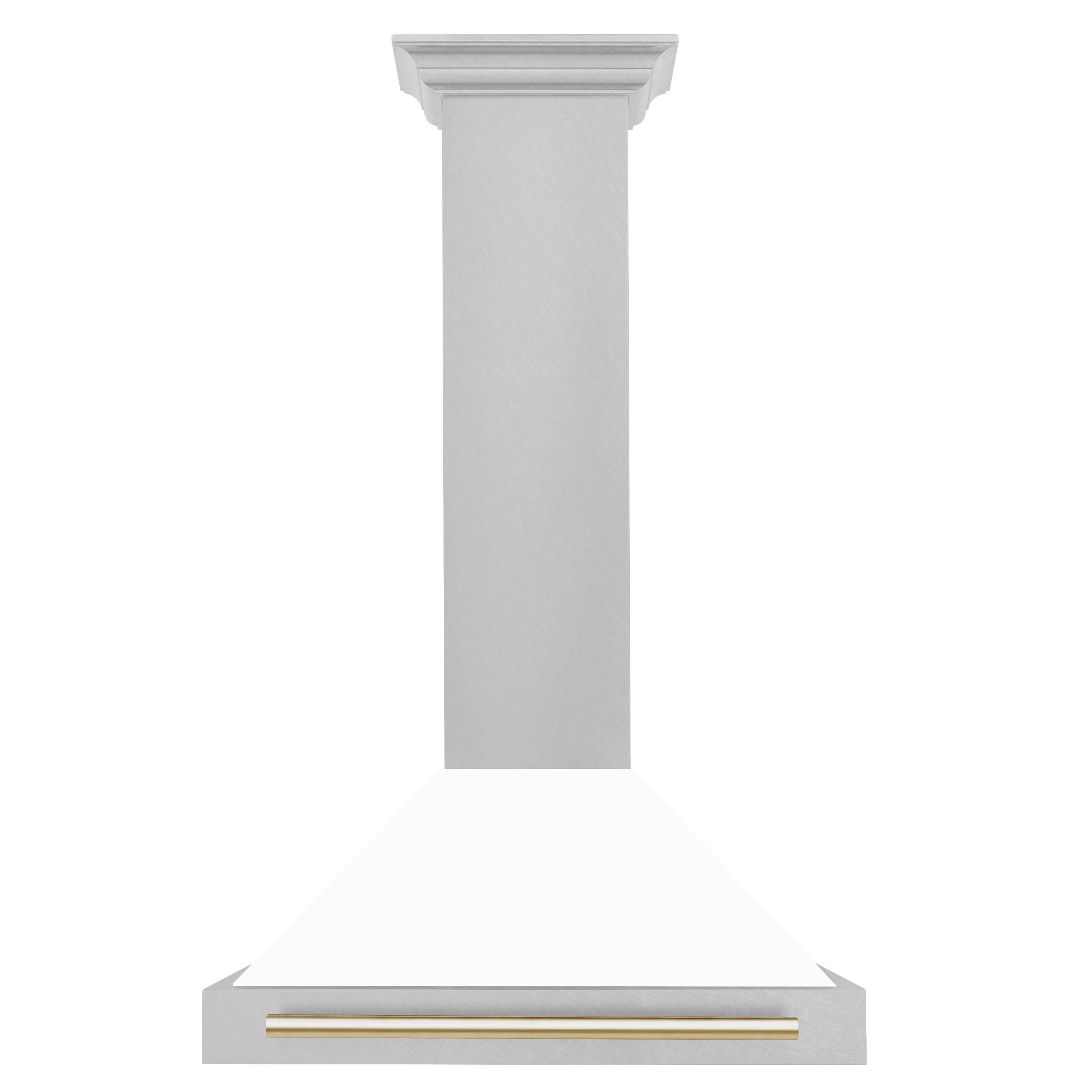 ZLINE 30 in. Wall Mount Range Hood Convertible Satin Stainless Steel White Matte Shell Polished Gold Handle (KB4SNZ-WM30-G)