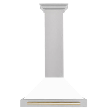 ZLINE 30 in. Wall Mount Range Hood Convertible Satin Stainless Steel White Matte Shell Polished Gold Handle (KB4SNZ-WM30-G)