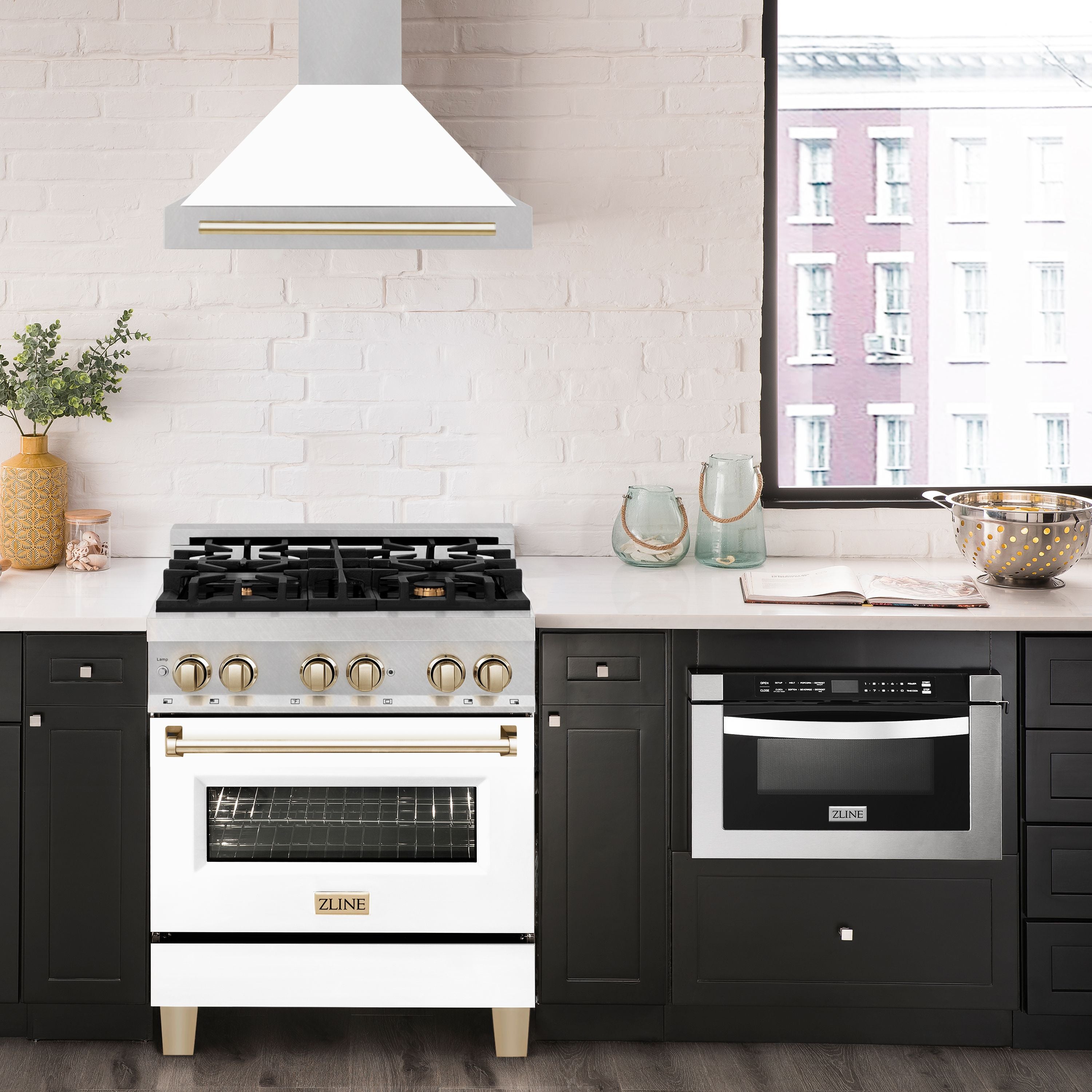 ZLINE 30 in. Wall Mount Range Hood Convertible Satin Stainless Steel White Matte Shell Polished Gold Handle (KB4SNZ-WM30-G)