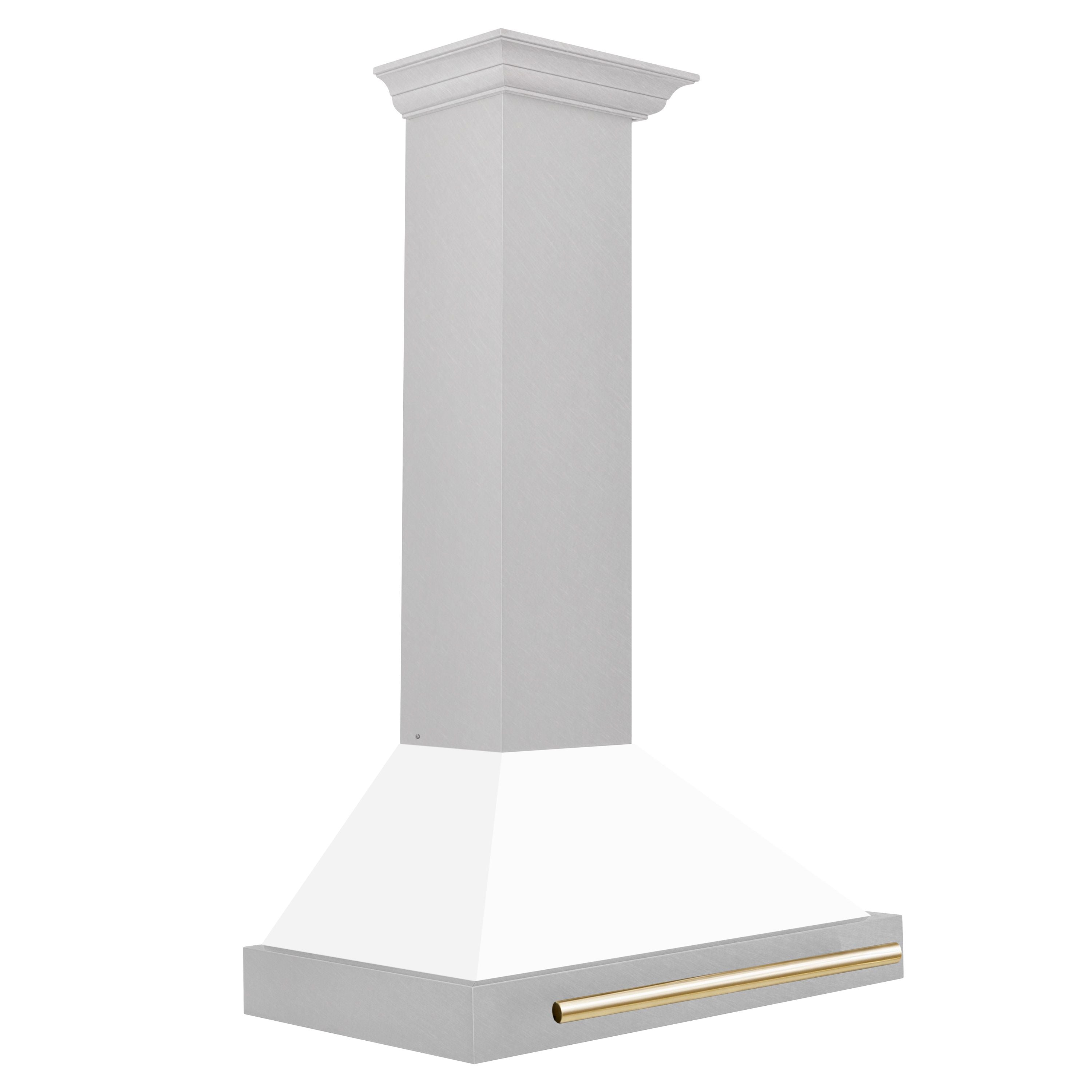 ZLINE 30 in. Wall Mount Range Hood Convertible Satin Stainless Steel White Matte Shell Polished Gold Handle (KB4SNZ-WM30-G)