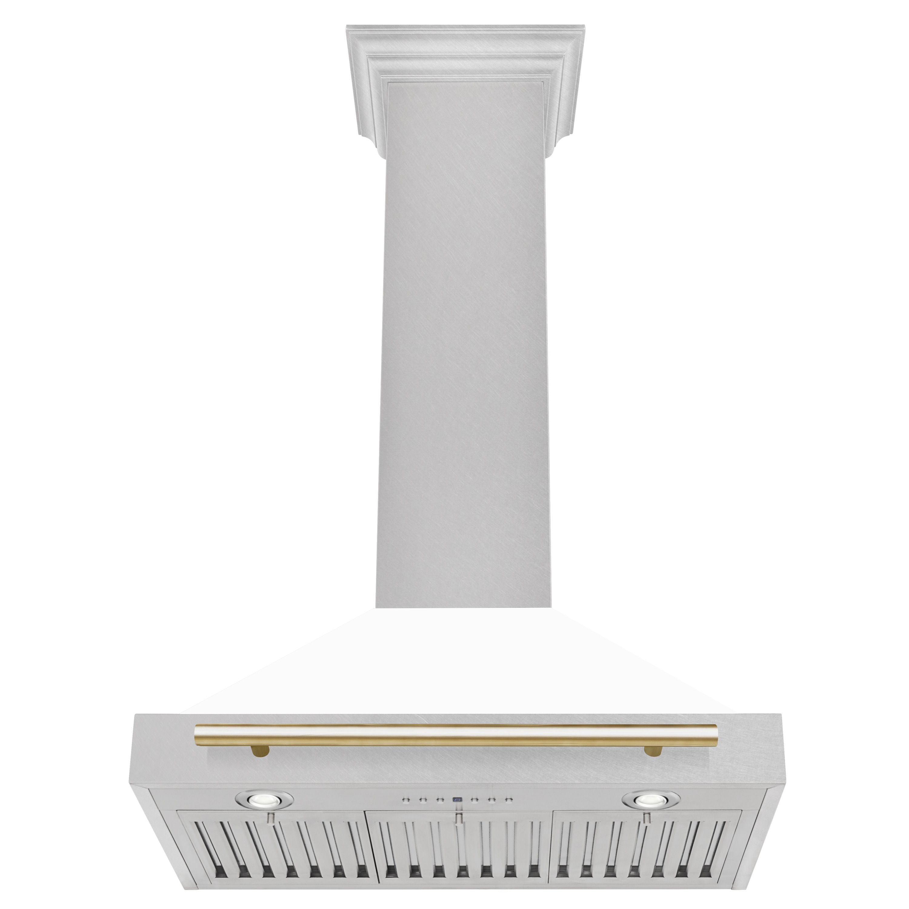 ZLINE 30 in. Wall Mount Range Hood Convertible Satin Stainless Steel White Matte Shell Polished Gold Handle (KB4SNZ-WM30-G)