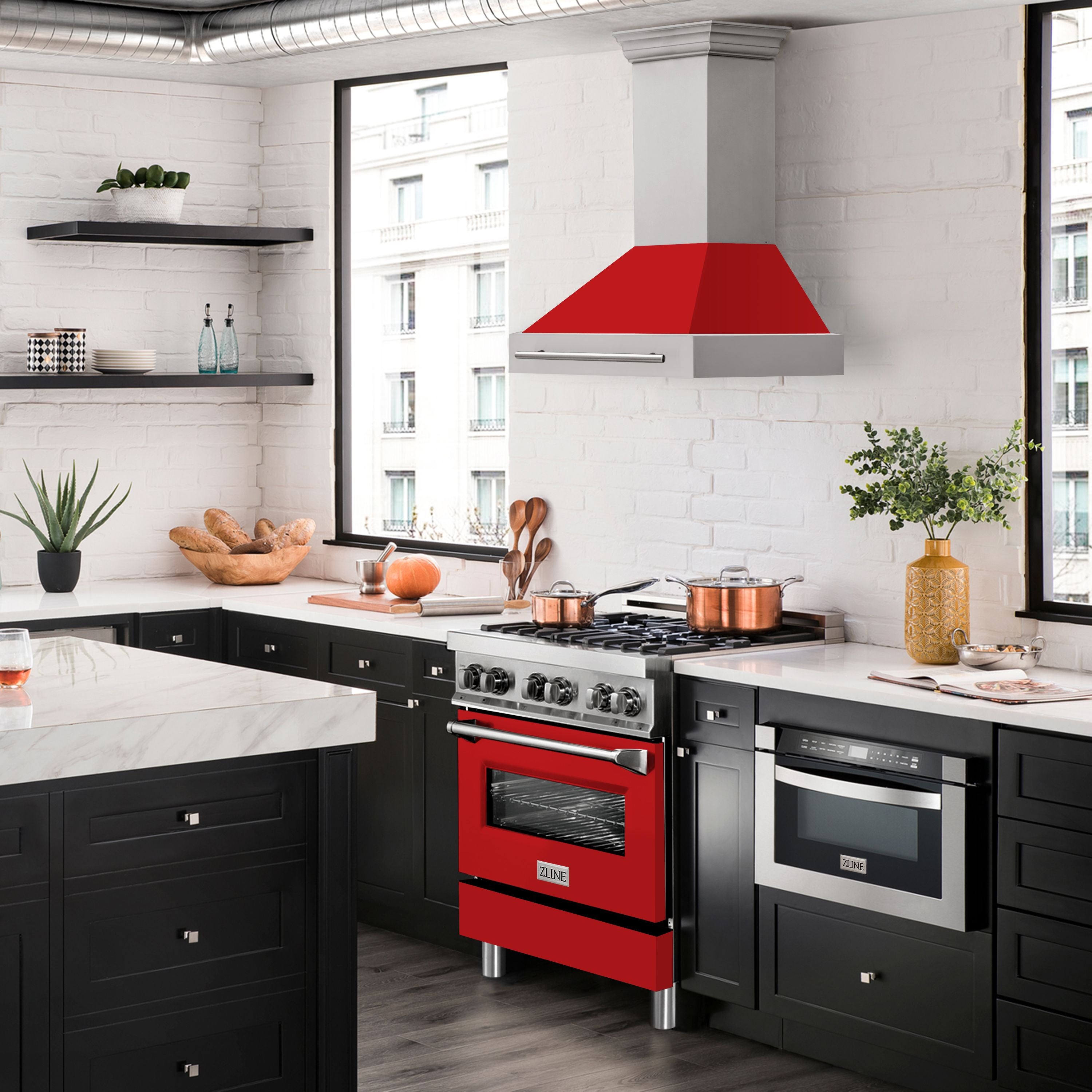 ZLINE 30 Inch Wall Mount Range Hood 400 CFM Stainless Steel with Red Matte Shell and Stainless Steel Handle (8654STX-RM-30)