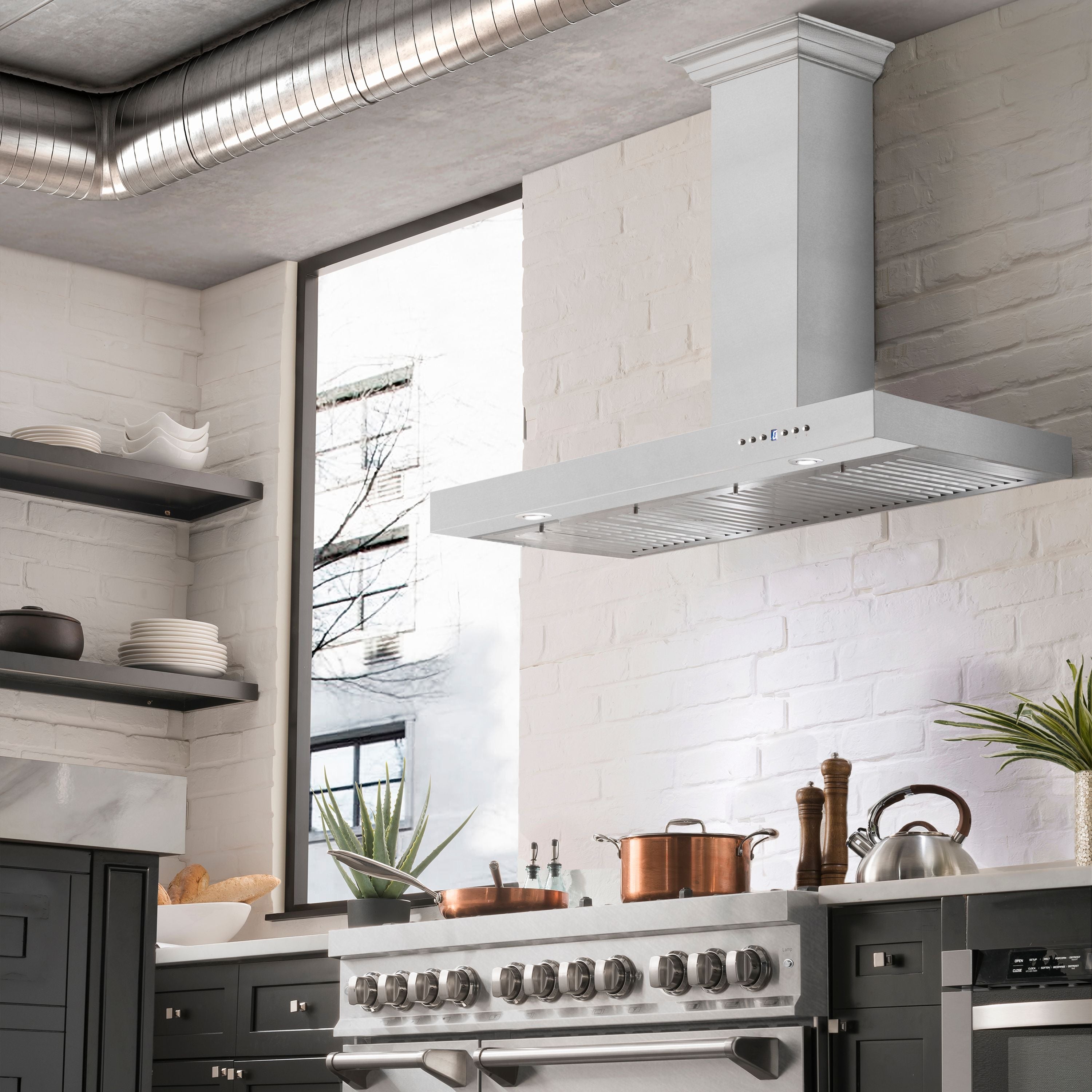 ZLINE 48 in. Wall Mount Range Hood Convertible Vent Stainless Steel 4-Speed LED Lighting (KE-48)