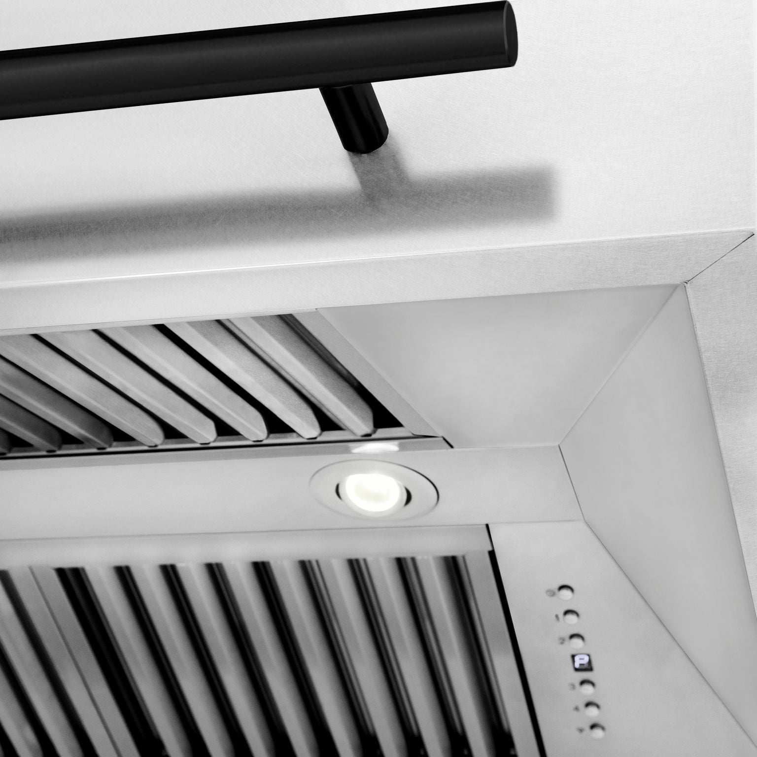 ZLINE 36 Inch Wall Mount Range Hood Satin Stainless Steel Matte Black Handle 8654SNZ-36-MB