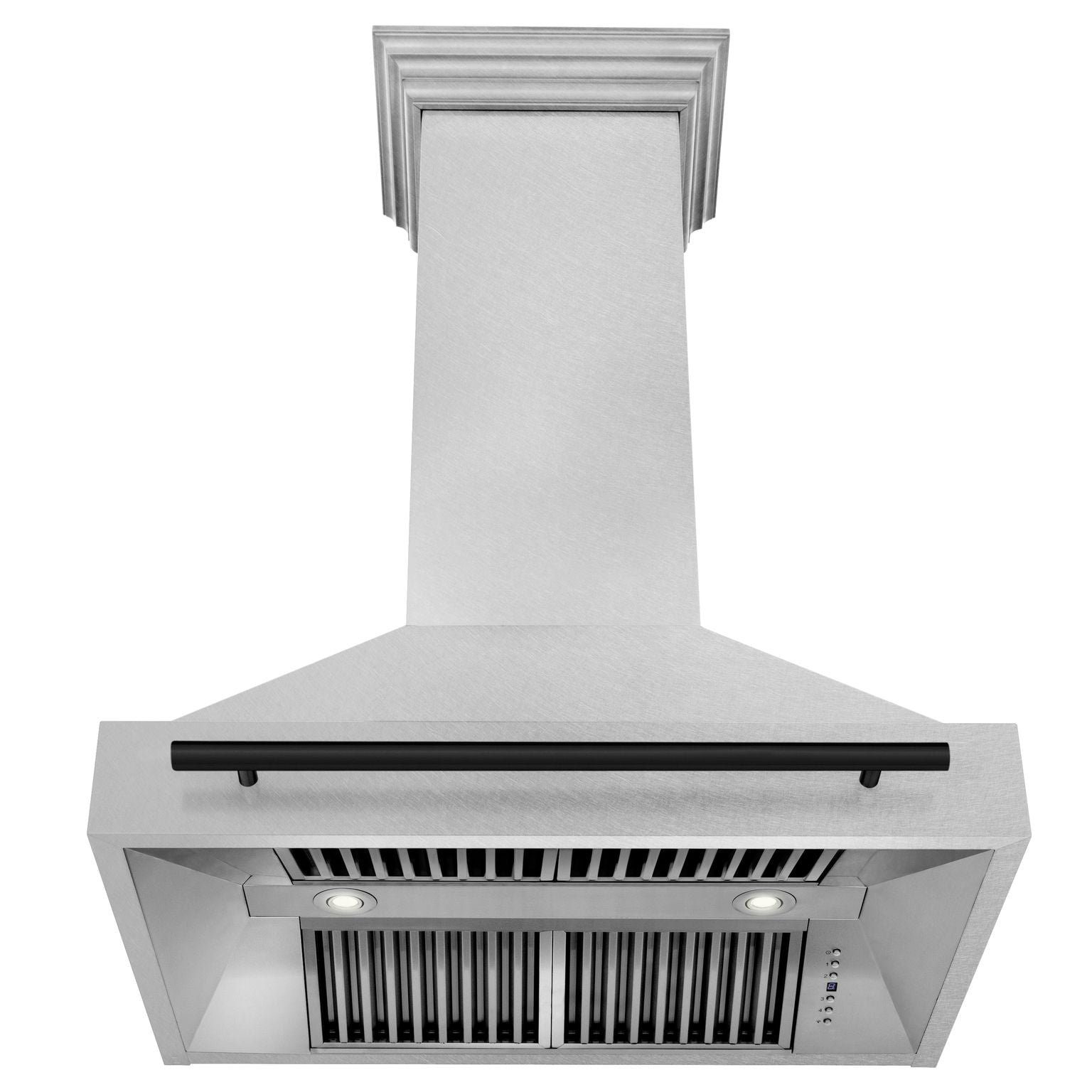 ZLINE 36 Inch Wall Mount Range Hood Satin Stainless Steel Matte Black Handle 8654SNZ-36-MB