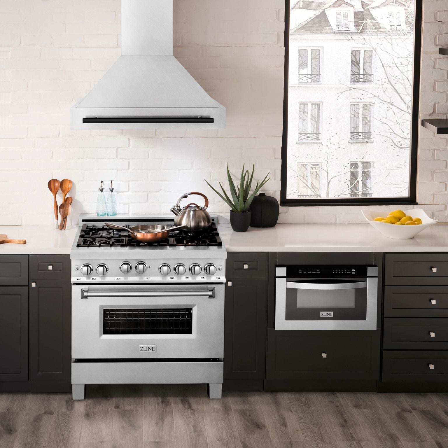 ZLINE 36 Inch Wall Mount Range Hood Satin Stainless Steel Matte Black Handle 8654SNZ-36-MB