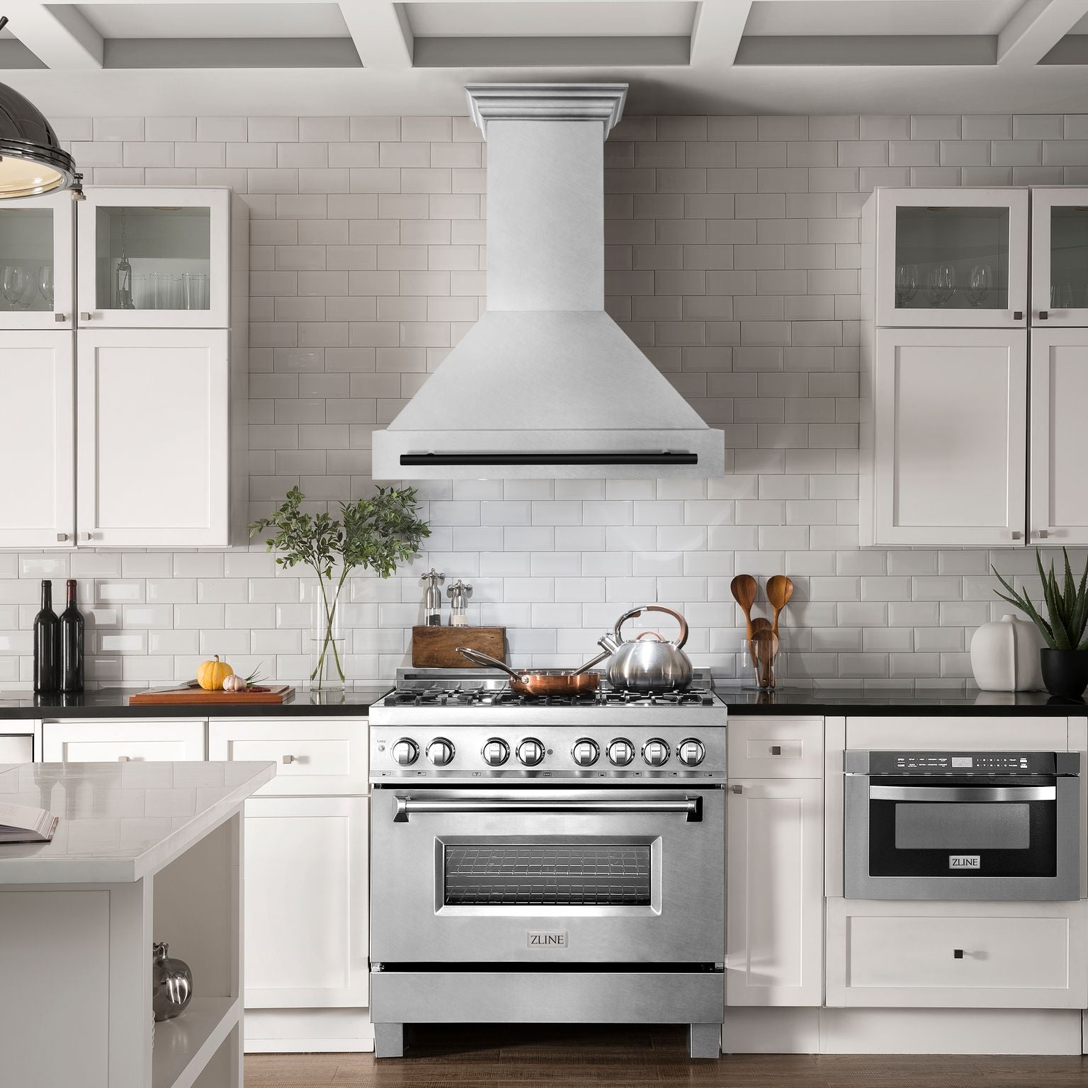 ZLINE 36 Inch Wall Mount Range Hood Satin Stainless Steel Matte Black Handle 8654SNZ-36-MB