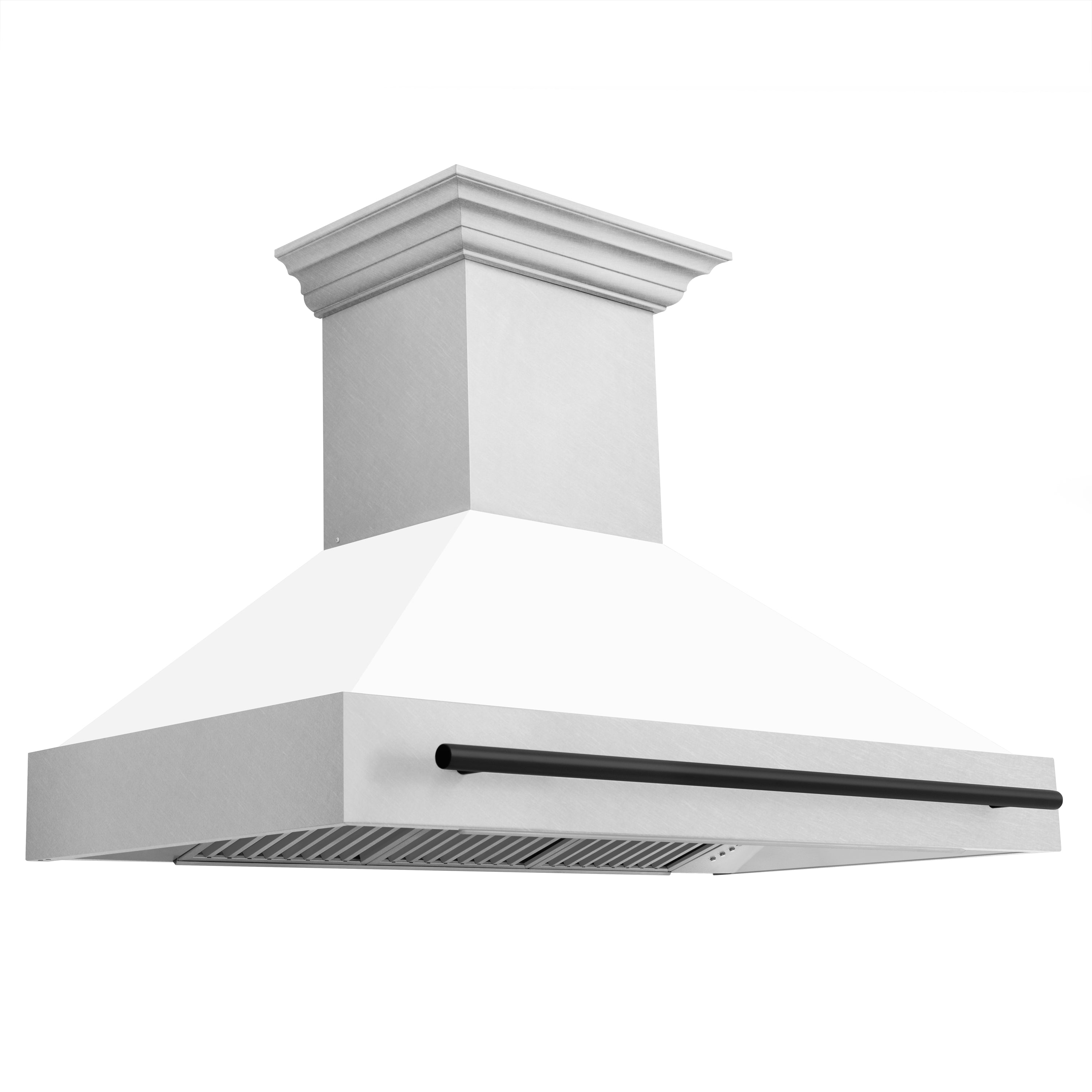 ZLINE 48 in. Wall Mount Range Hood Satin Stainless Steel White Matte Shell Matte Black Handle 8654SNZ-WM48-MB