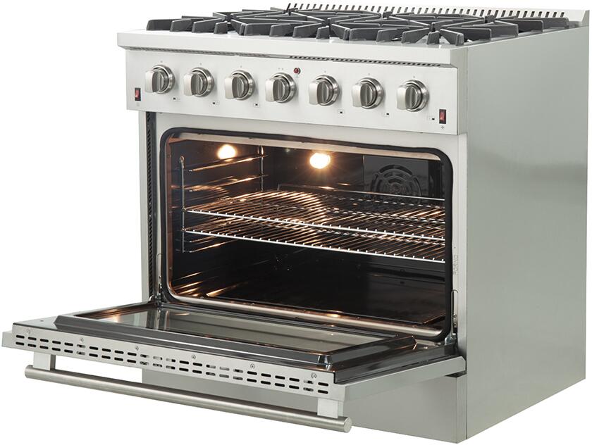 FORNO Package - 36 Inch Gas Range, Wall Mount Range Hood, Refrigerator, Microwave Drawer, Dishwasher, AP-FFSGS6244-36-8