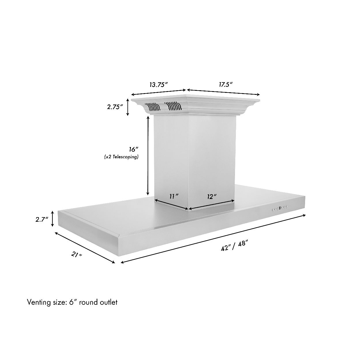 ZLINE 48 in. Island Mount Range Hood 400 CFM Stainless Steel Bluetooth CrownSound Speakers (KE2iCRN-BT-48)