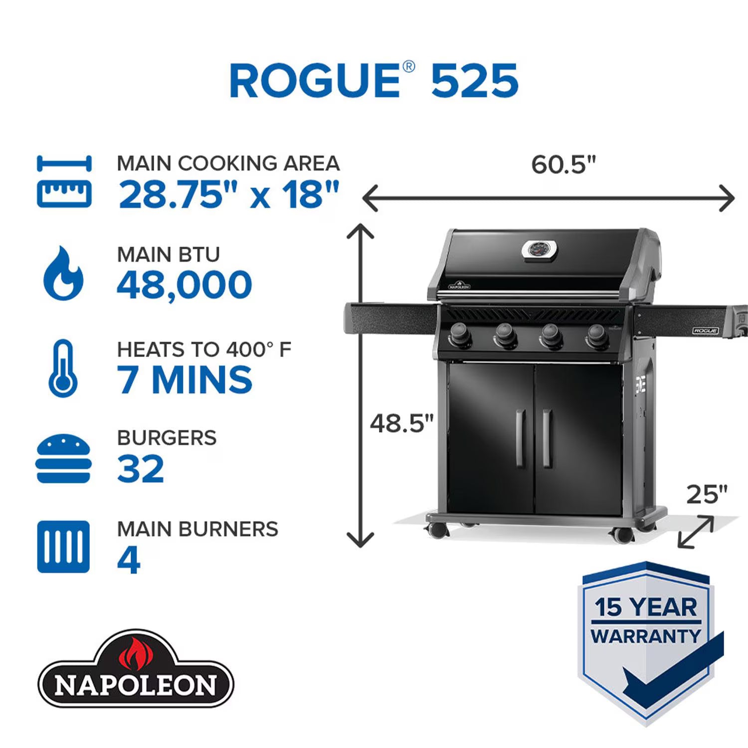 Napoleon Rogue 525 4-Burner Propane Gas Grill, Black (R525PK-2-SS)