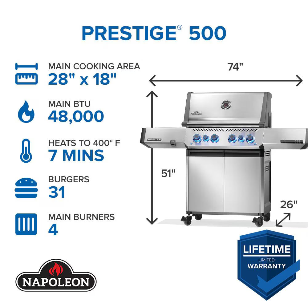 Napoleon Prestige 500 Propane Gas Grill, 4-Burner with Rotisserie Kit and Infrared Side Burner, Stainless Steel (P500VRSIBPSS)